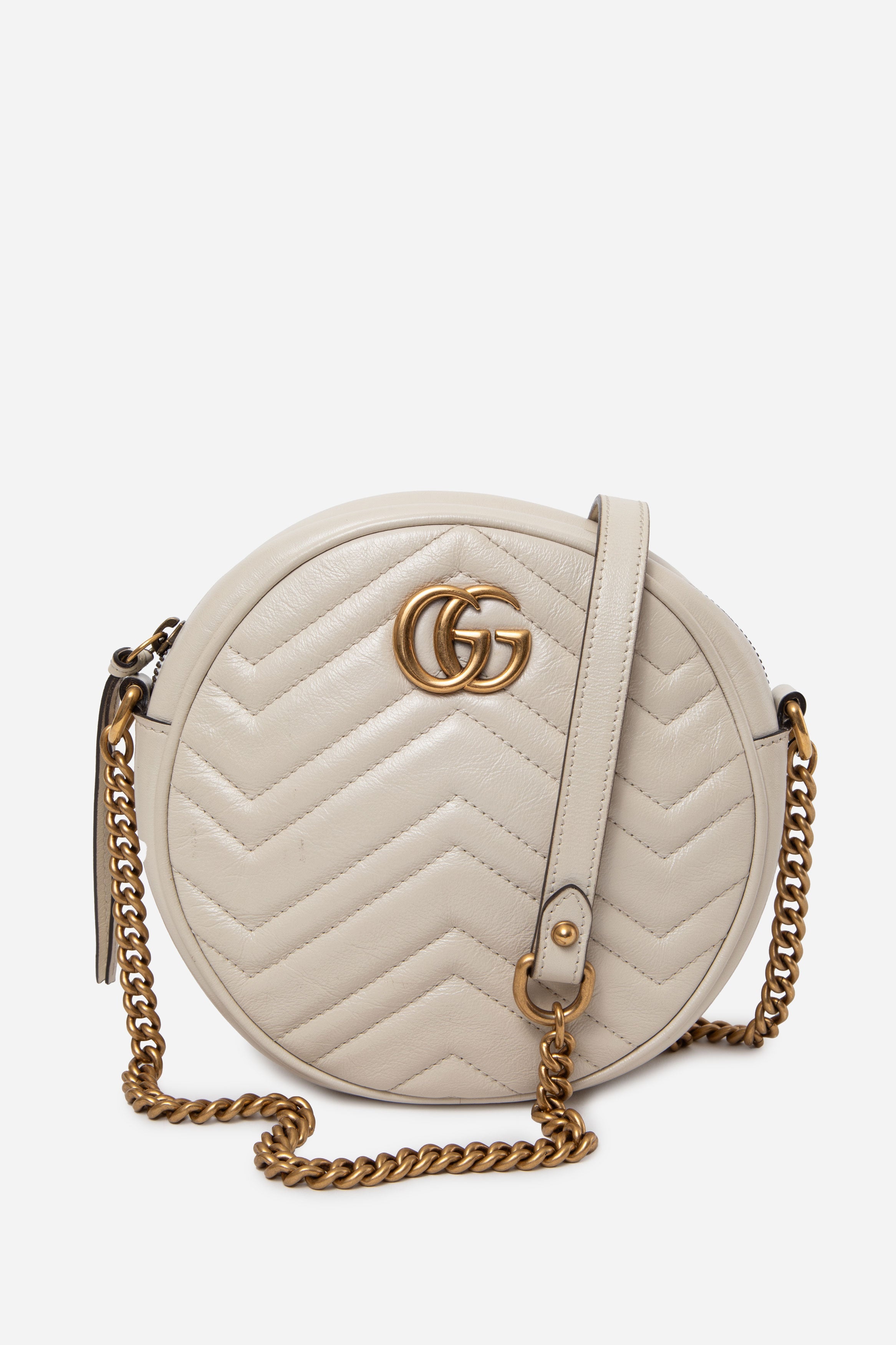 Gucci Calfskin Matelasse Mini GG Marmont Round Shoulder Bag White