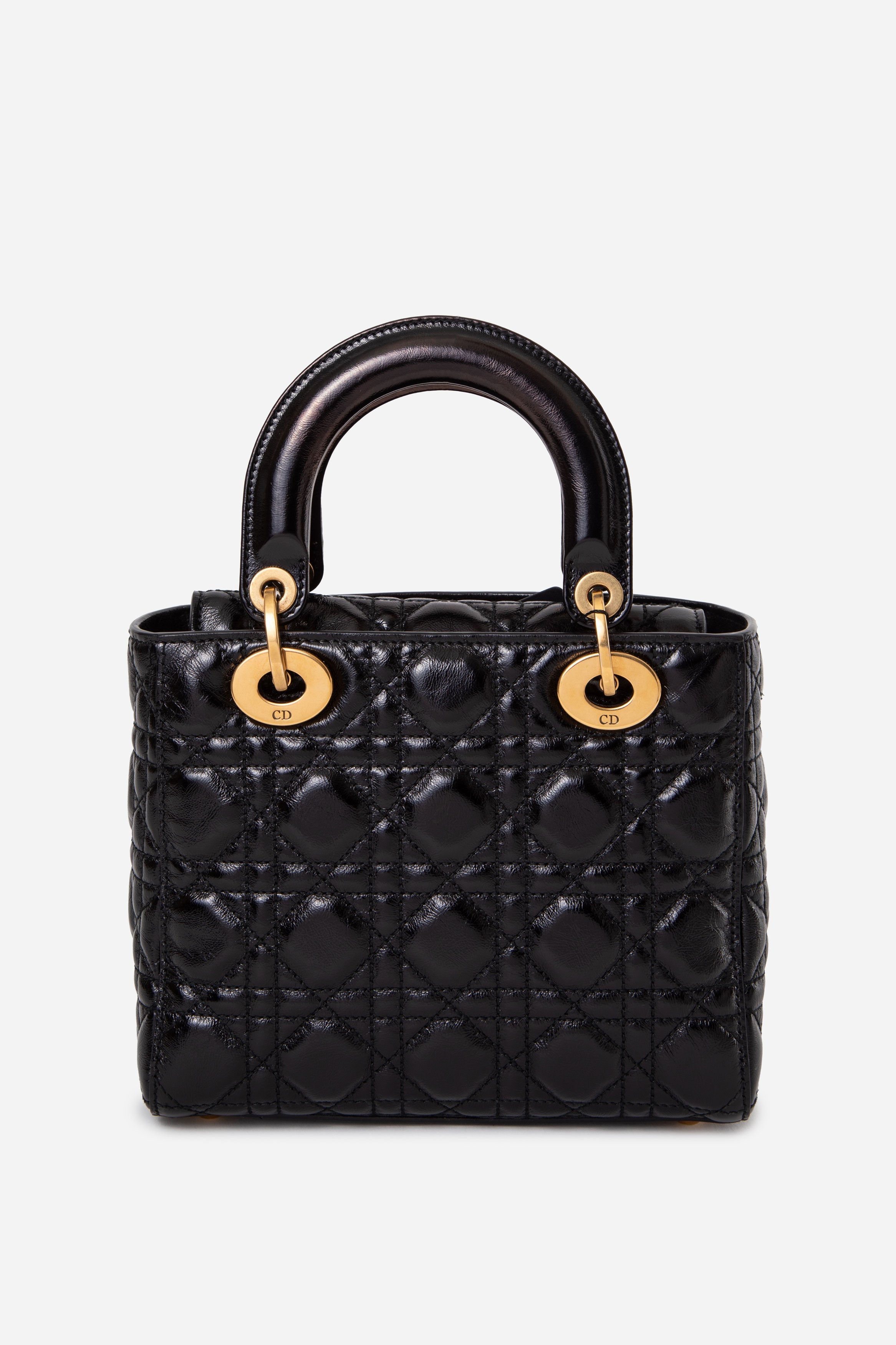 Christian Dior 2018 Black Small Crinkled Patent Cannage Badges My Lady Dior With Strap