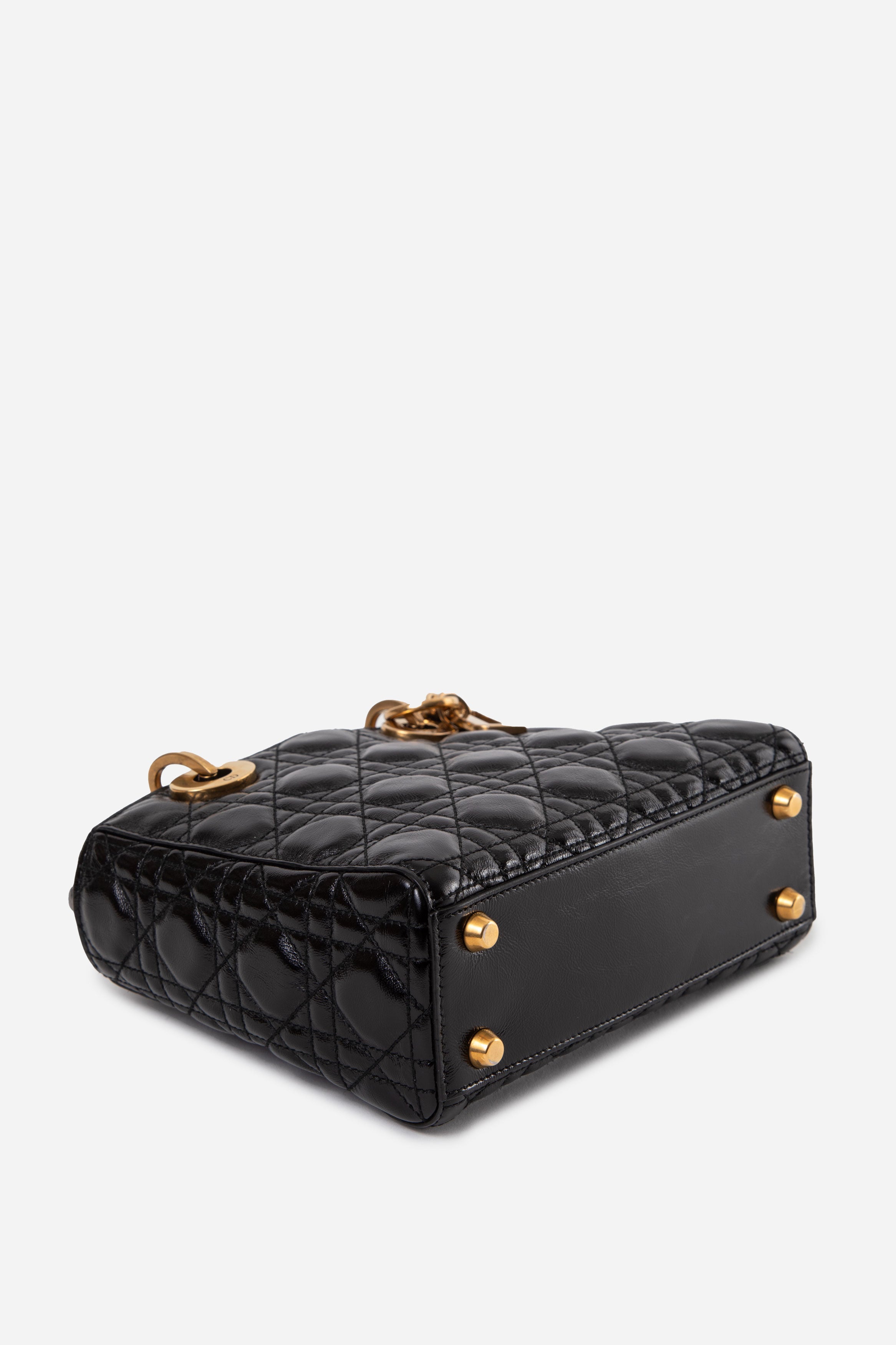 Christian Dior 2018 Black Small Crinkled Patent Cannage Badges My Lady Dior With Strap