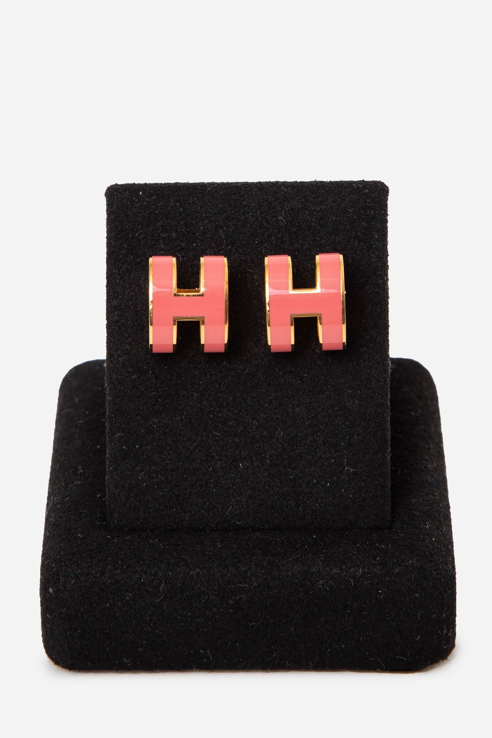 Hermes Pink Enamel Pop H Stud Earrings Gold-Tone