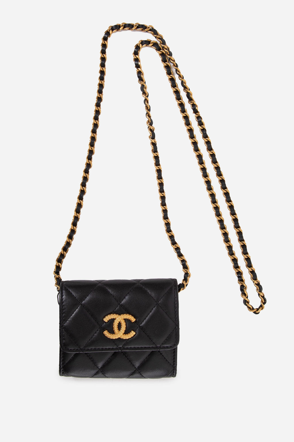 Pre-Owned Chanel 2023 Black Lambskin Card Holder With Chain