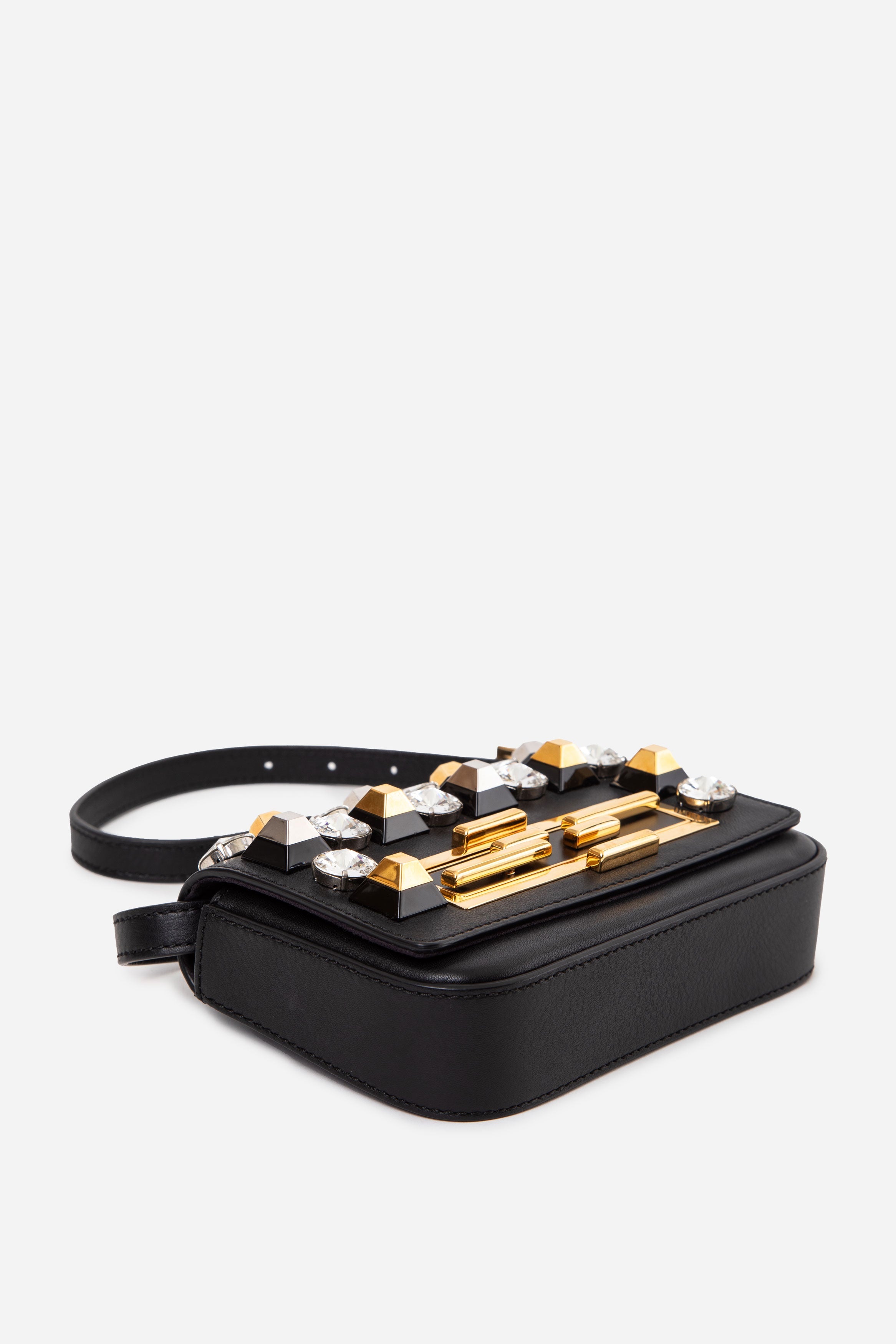 Fendi Vitello Dolce Crystal Studded Mini Baguette Crossbody Bag