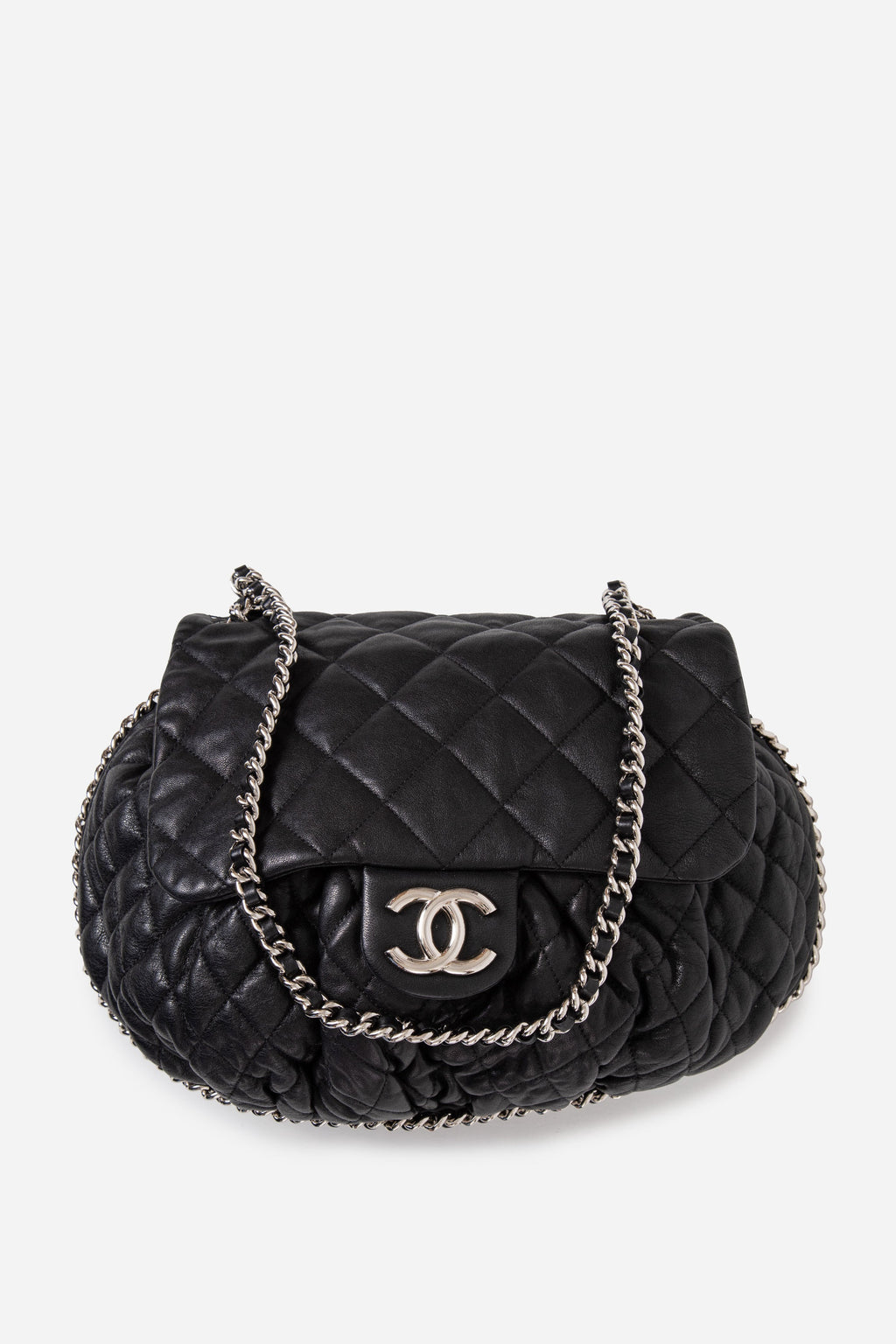 Pre-Owned Chanel 2011-2012 Black Washed Lambskin Quilted Large Chain Around Bag