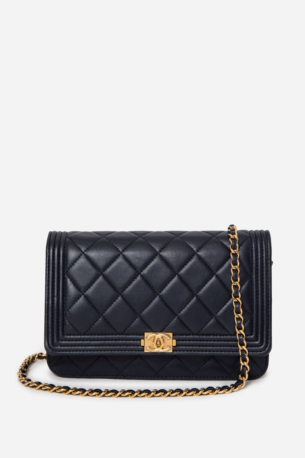 Pre-owned Chanel Navy Lambskin Boy Wallet On Chain - Refurblished