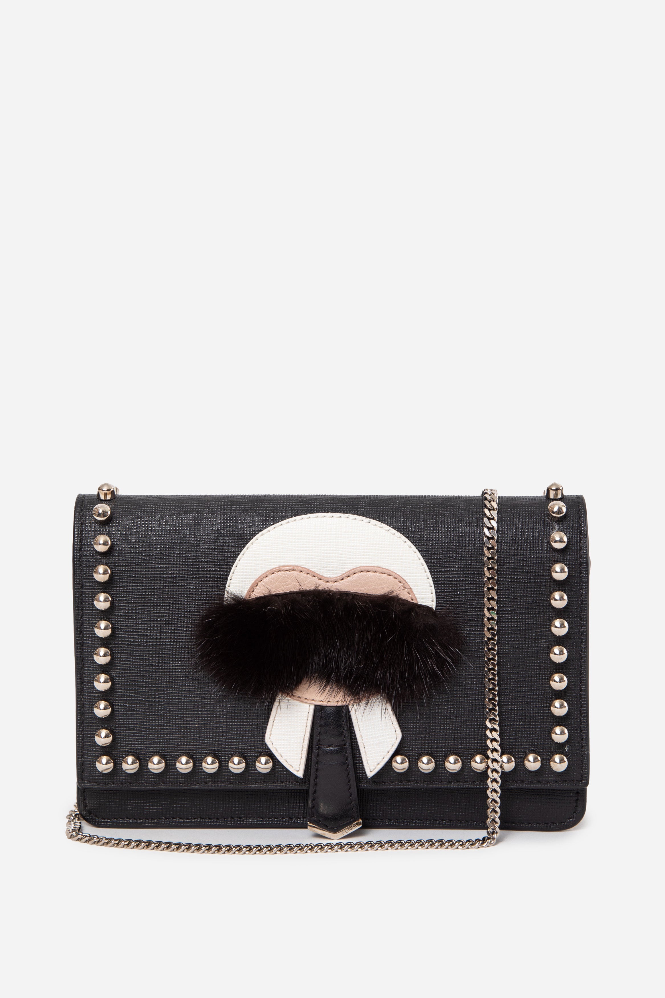 Fendi Black Vitello Elite Mink Fur Studded Karlito Tube Wallet on Chain