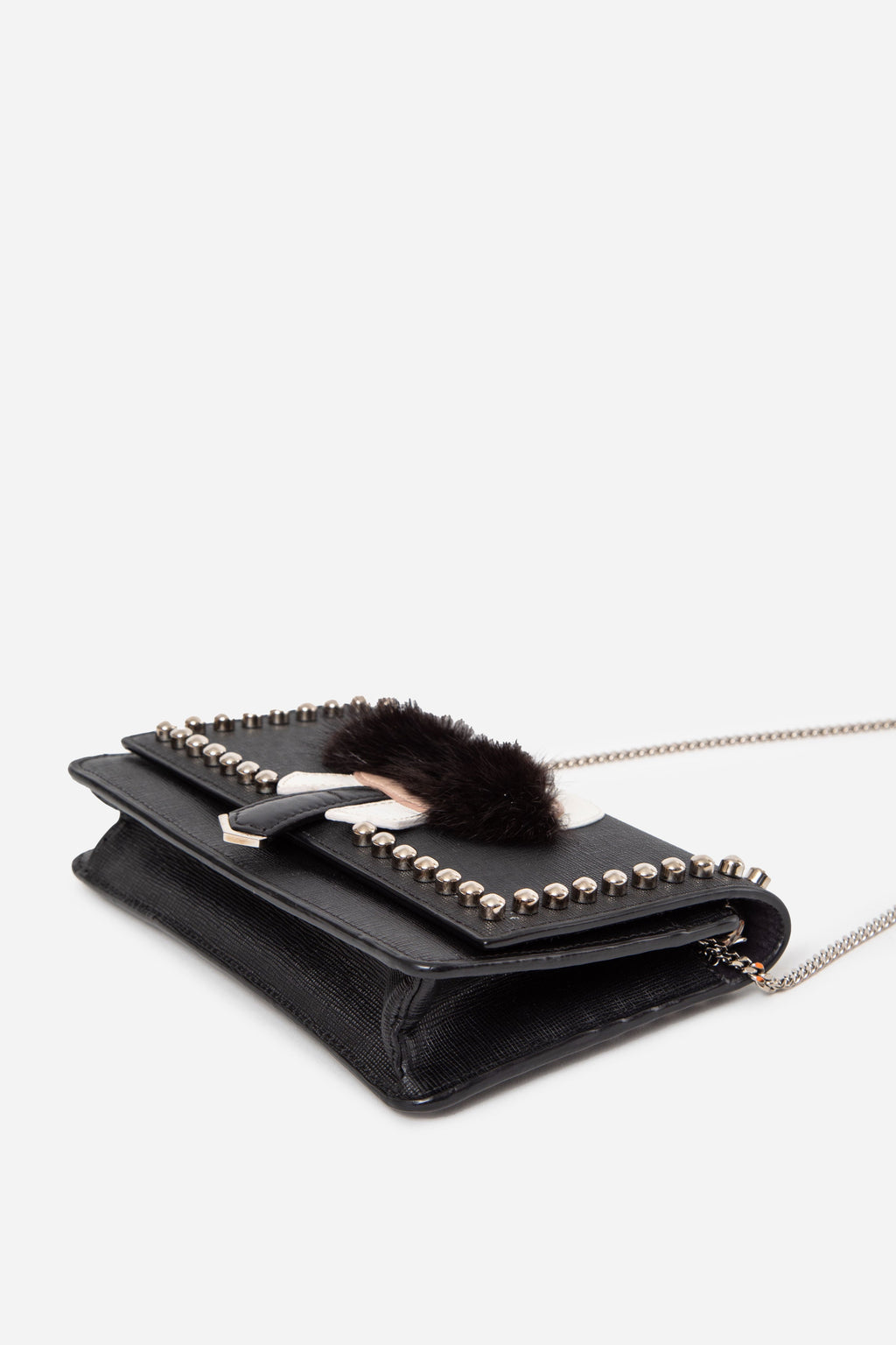 Fendi Black Vitello Elite Mink Fur Studded Karlito Tube Wallet on Chain