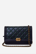 Pre-Owned Chanel 2013-2014 Navy Blue/Green Lambskin Boy Wallet On Chain