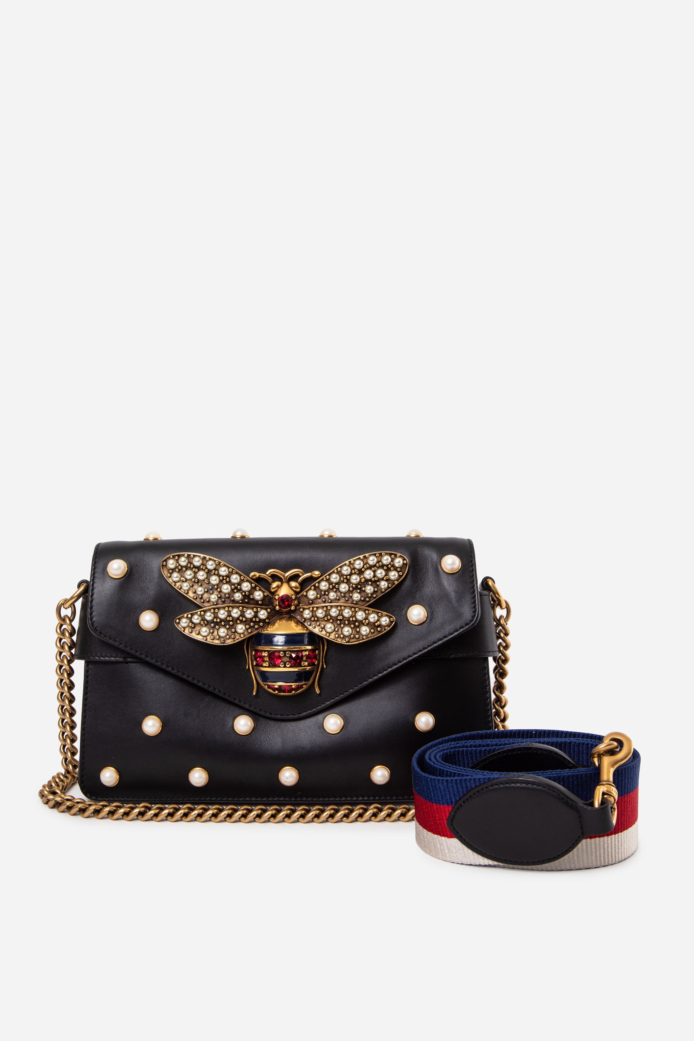 Gucci Black/Gold Nappa Pearl Studded Mini Queen Margaret Broadway Handbag