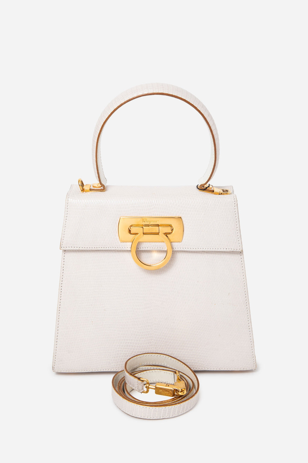 Salvatore Ferragamo White Lizard Top Handle Bag