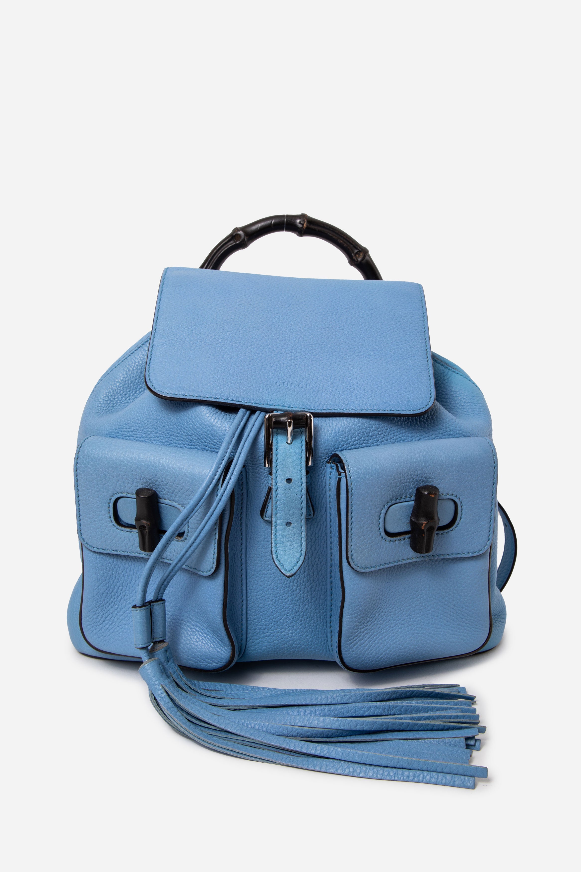 Gucci Blue Calfskin Leather Bamboo Tassel Backpack