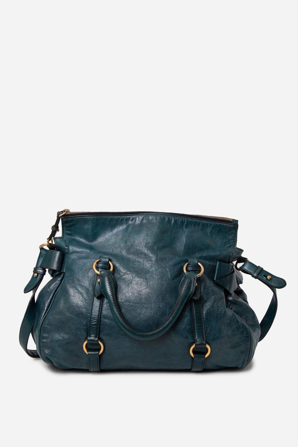 Miu Miu Large Vitello Lux Boston Calfskin Shoulder Bag Blue