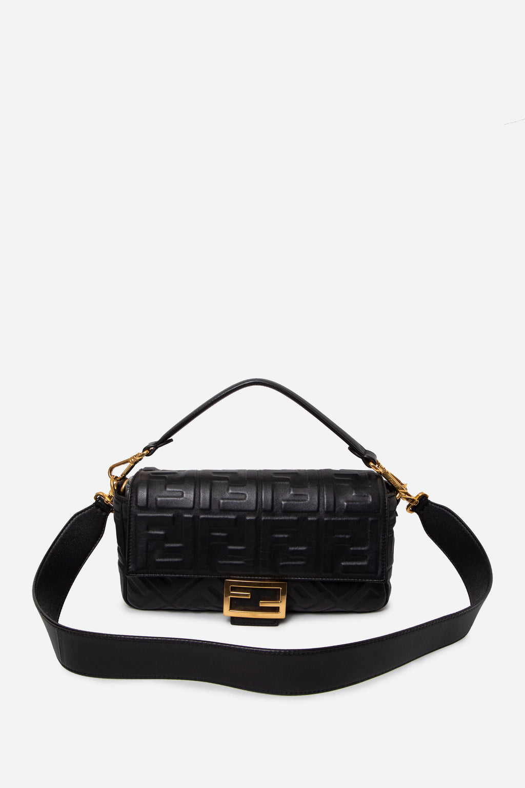 Fendi Black Nappa FF Embossed Large Baguette