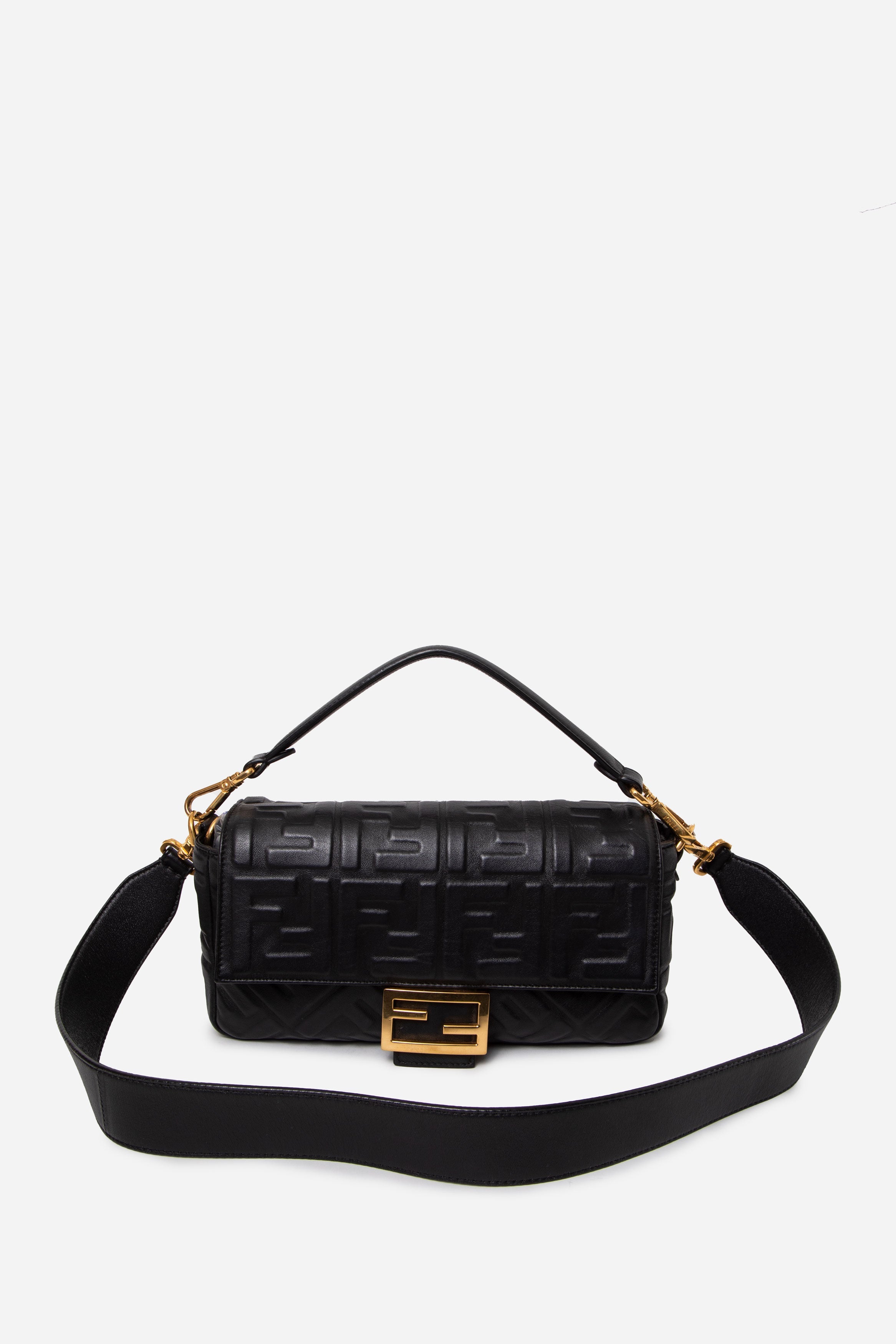 Fendi Black Nappa FF Embossed Large Baguette