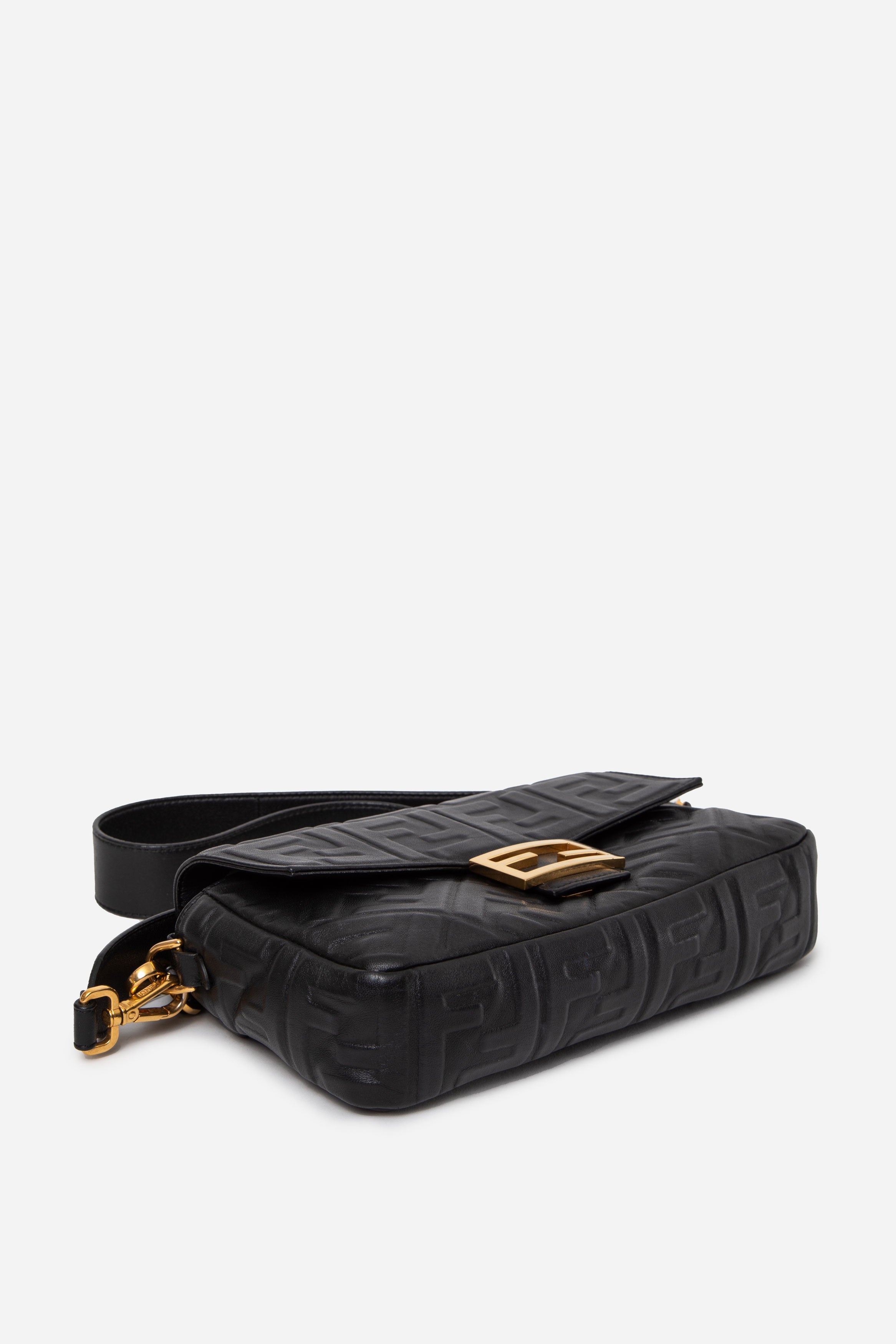 Fendi Black Nappa FF Embossed Large Baguette