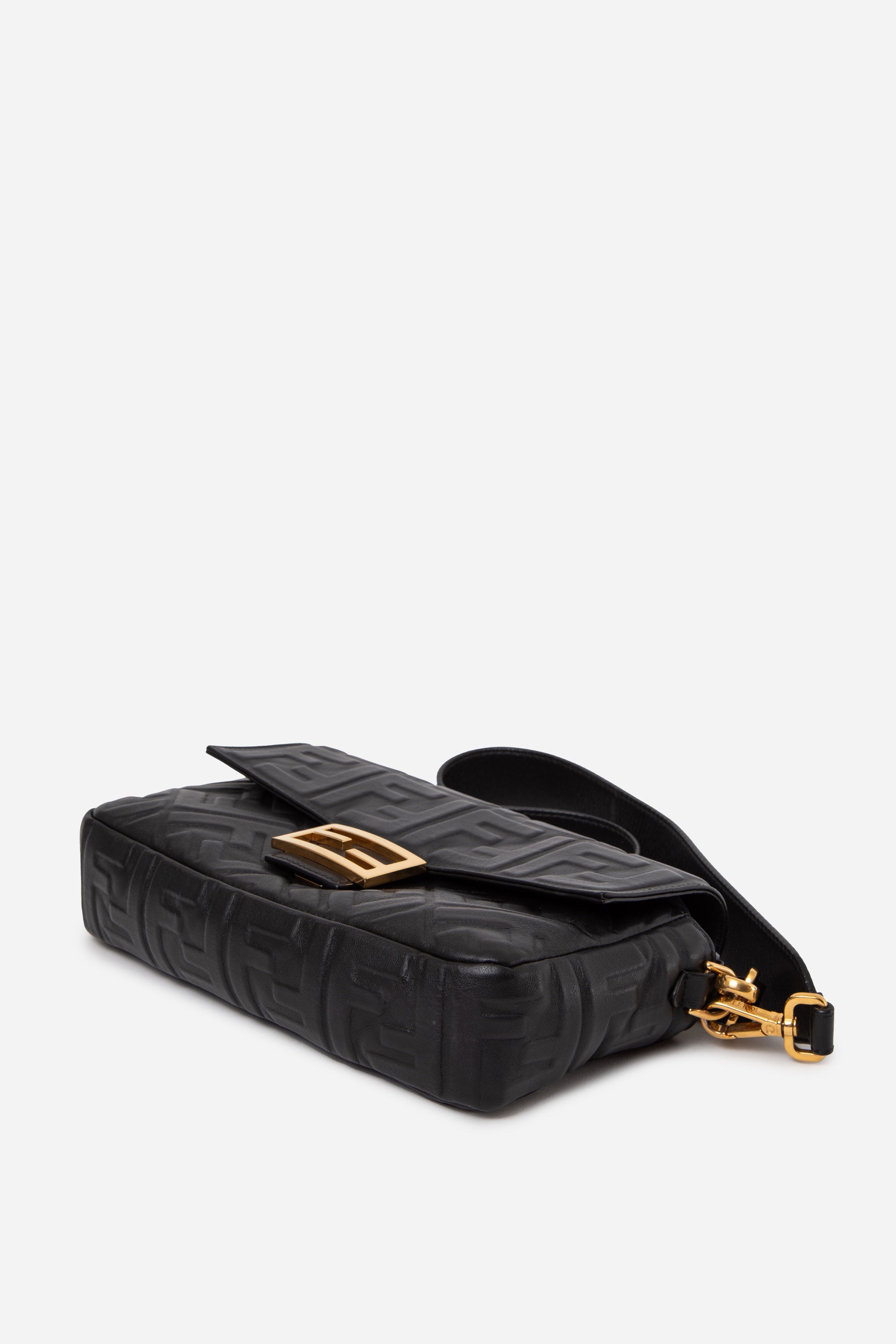 Fendi Black Nappa FF Embossed Large Baguette