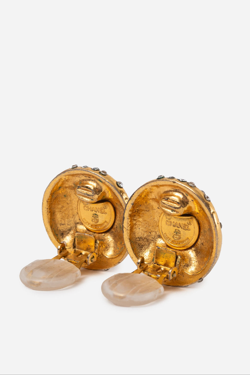 Pre-Owned Chanel Logo Rhinestone Round Earrings Clip-On