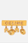 CELINE Vintage Gold Tone Paris Charm Logo Brooch