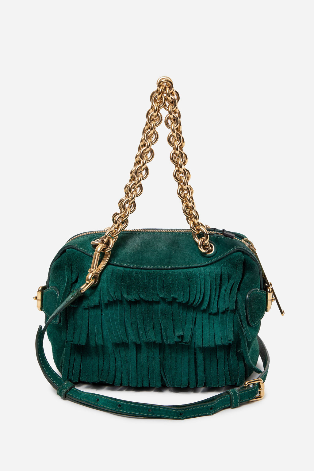Burberry Green Suede Fringe Mini Chain Bag With Strap