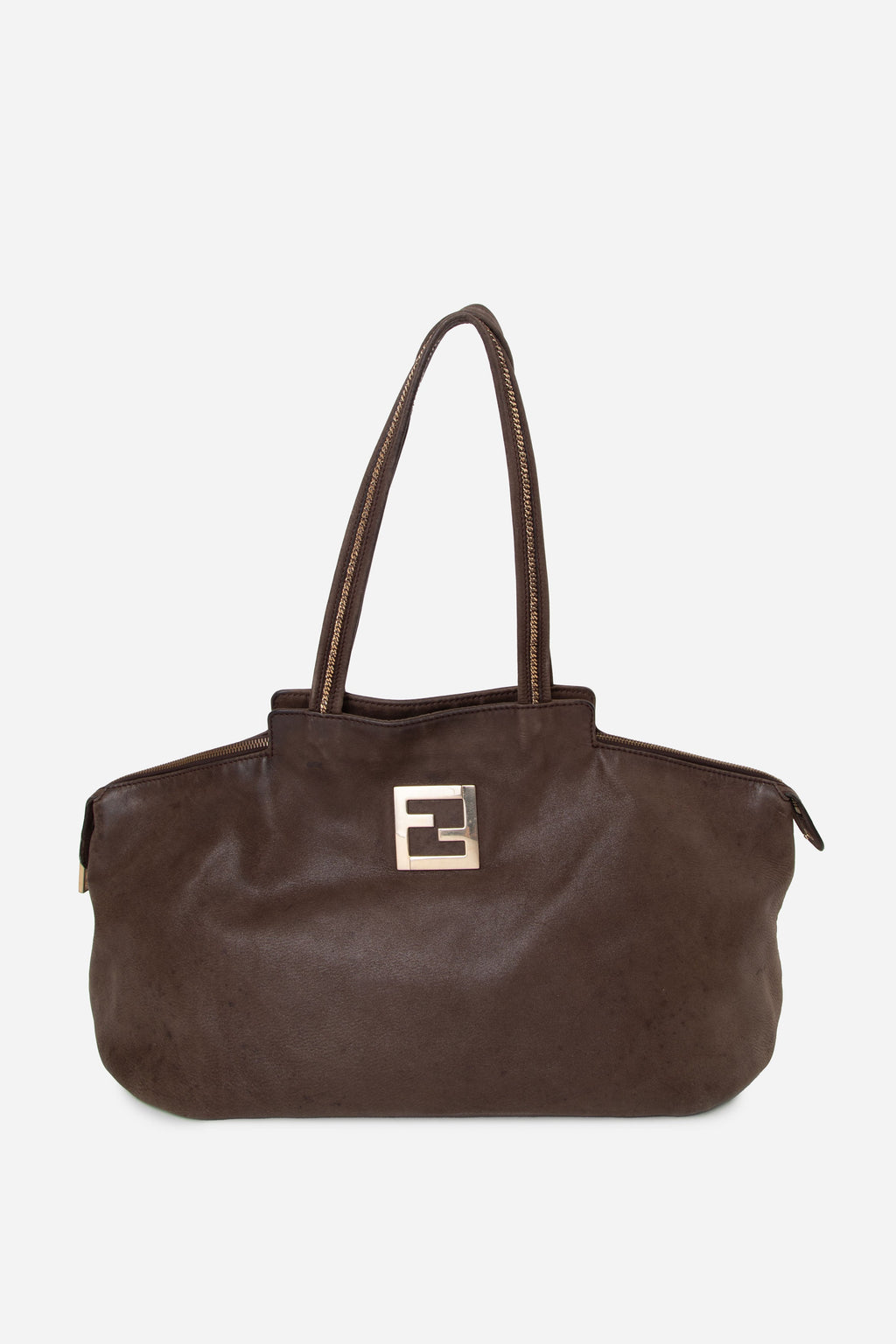 Fendi Brown Metallic Nubuck Medium Chains Tote