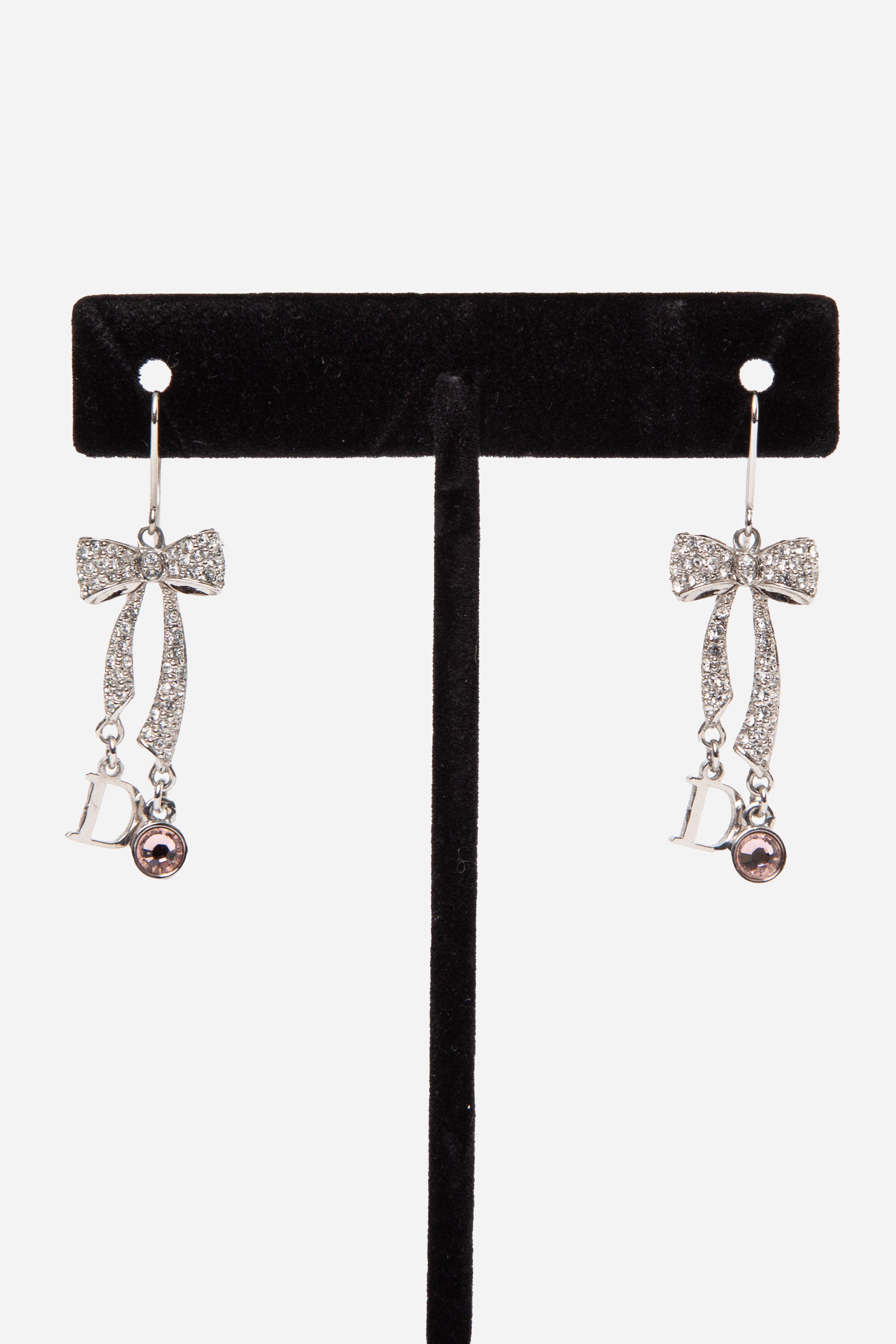 Christian Dior Crystal Bow Earrings Silver-Tone
