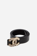 Pre-Owned Chanel 28mm Pearl & Crystal CC Logo Leather Belt