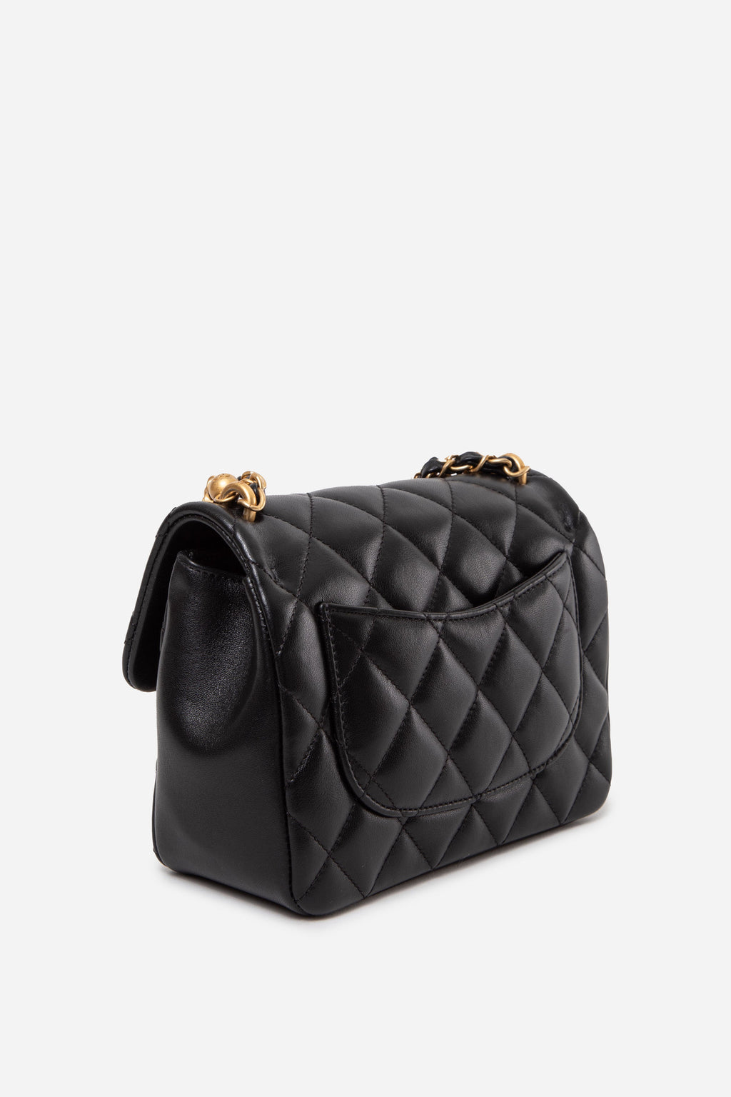 Pre-Owned Chanel 24P Black Lambskin Mini Square Flap Bag Chain Pearl