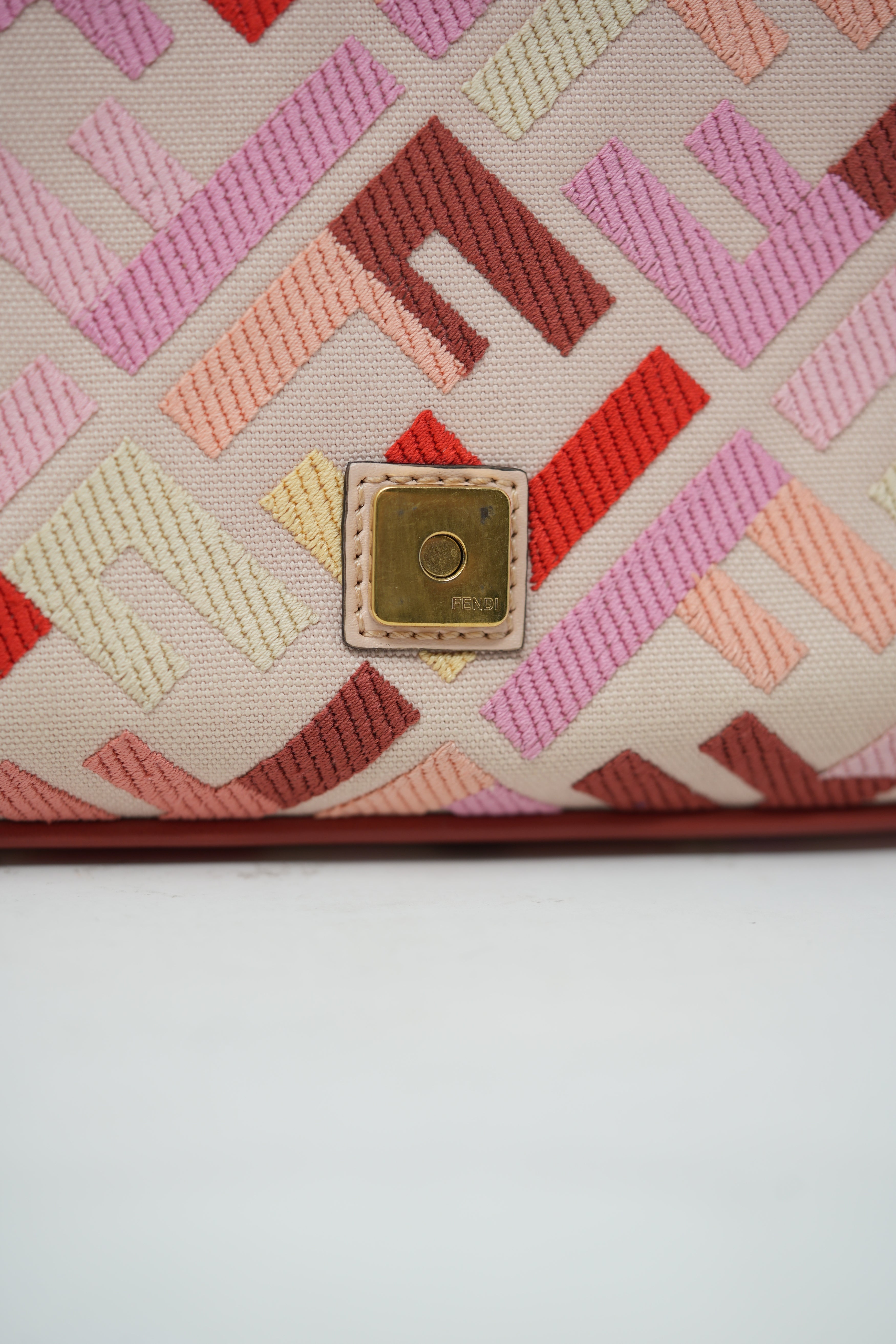Fendi Canvas Embroidered Baguette Gold-Tone