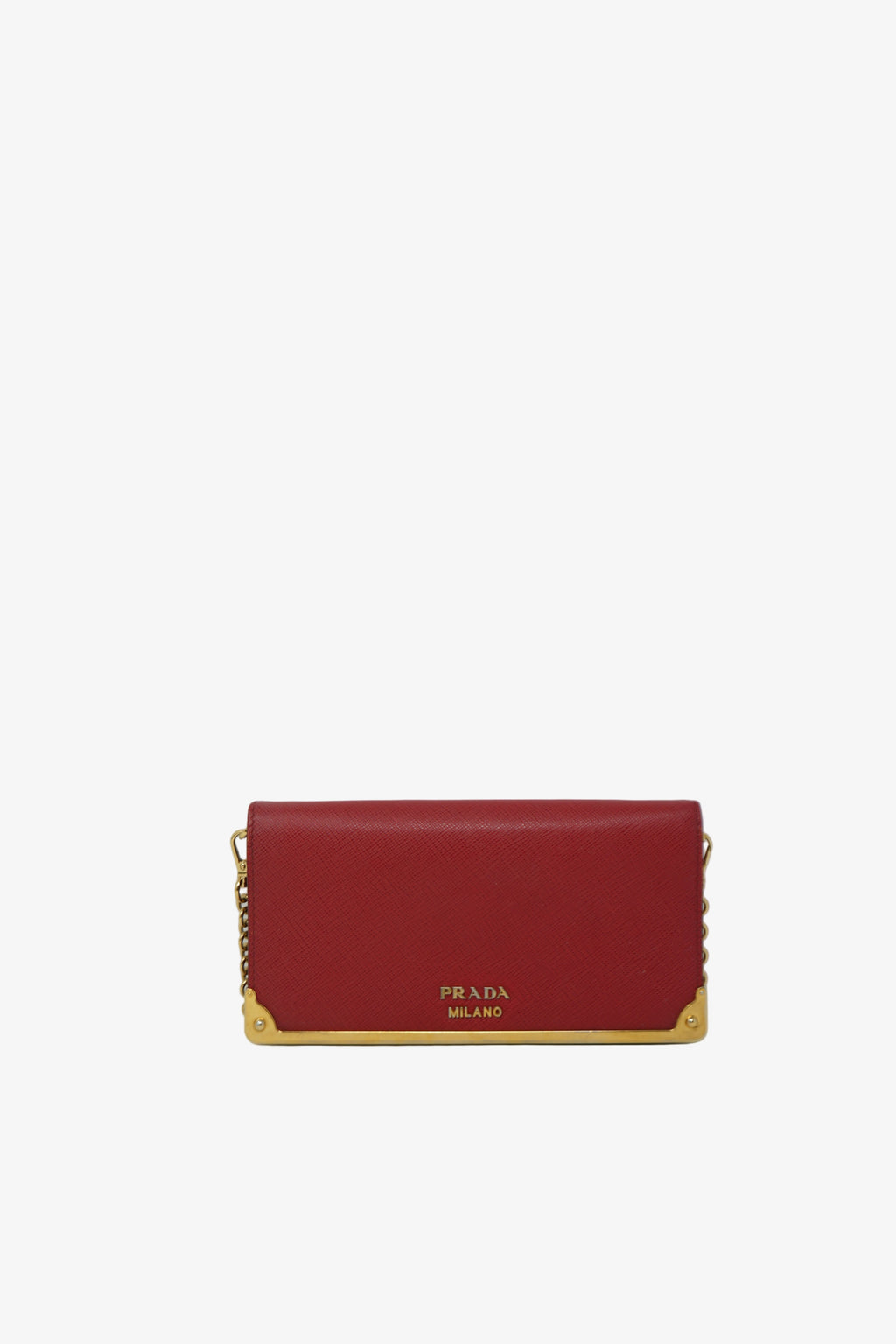 Prada Red Saffiano Leather Metal Bar Chain Wallet