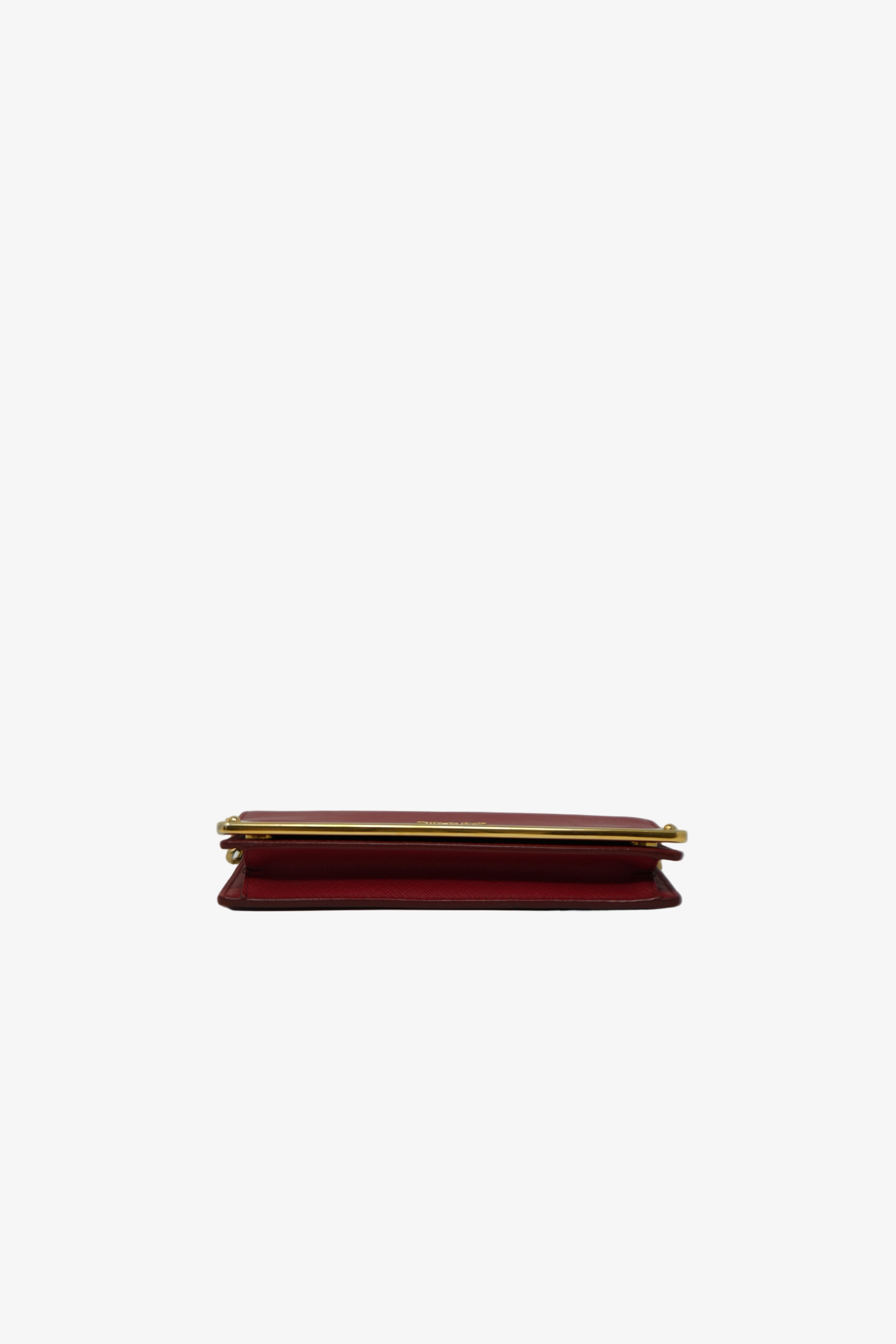 Prada Red Saffiano Leather Metal Bar Chain Wallet