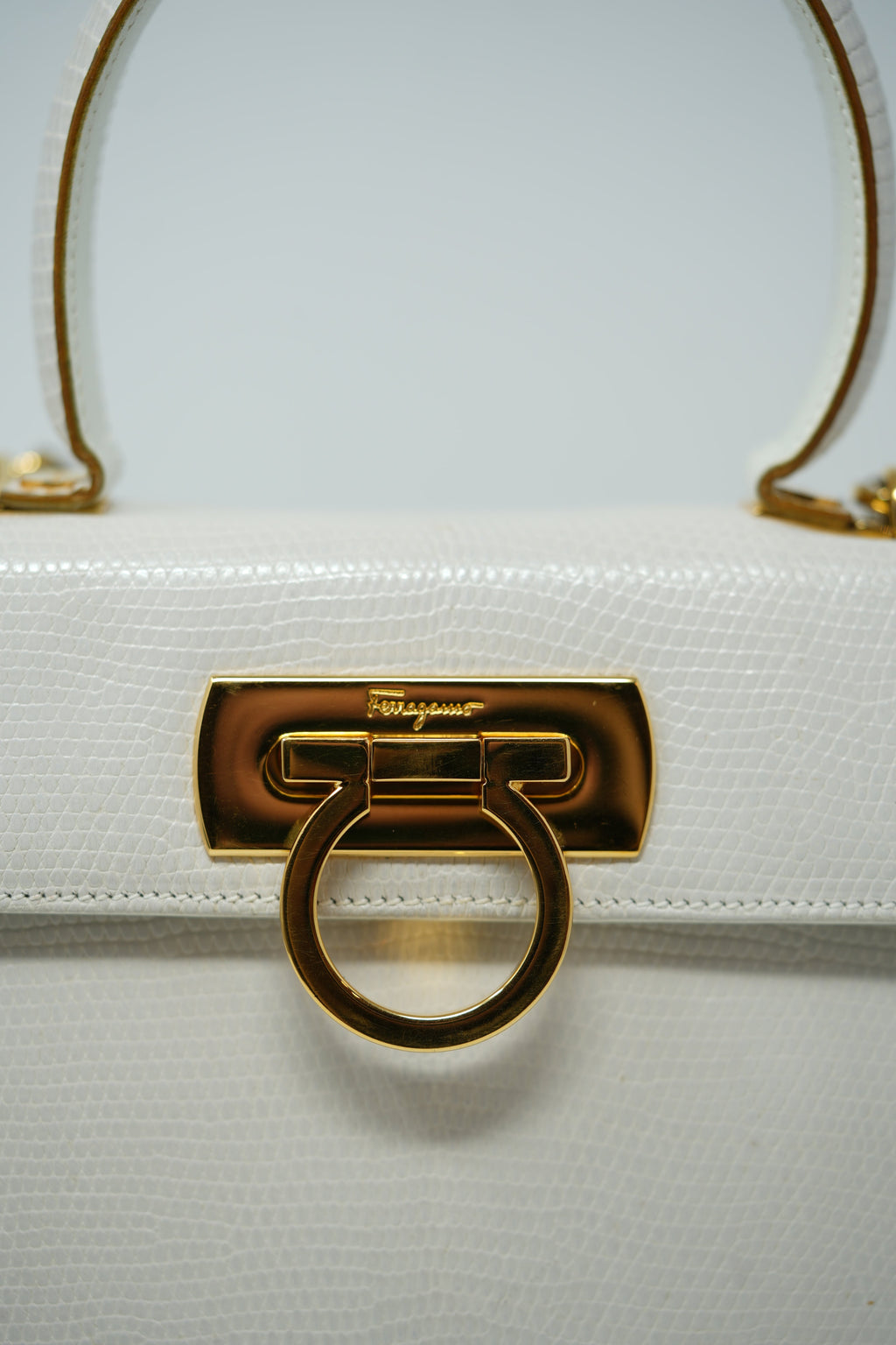 Salvatore Ferragamo White Lizard Top Handle Bag