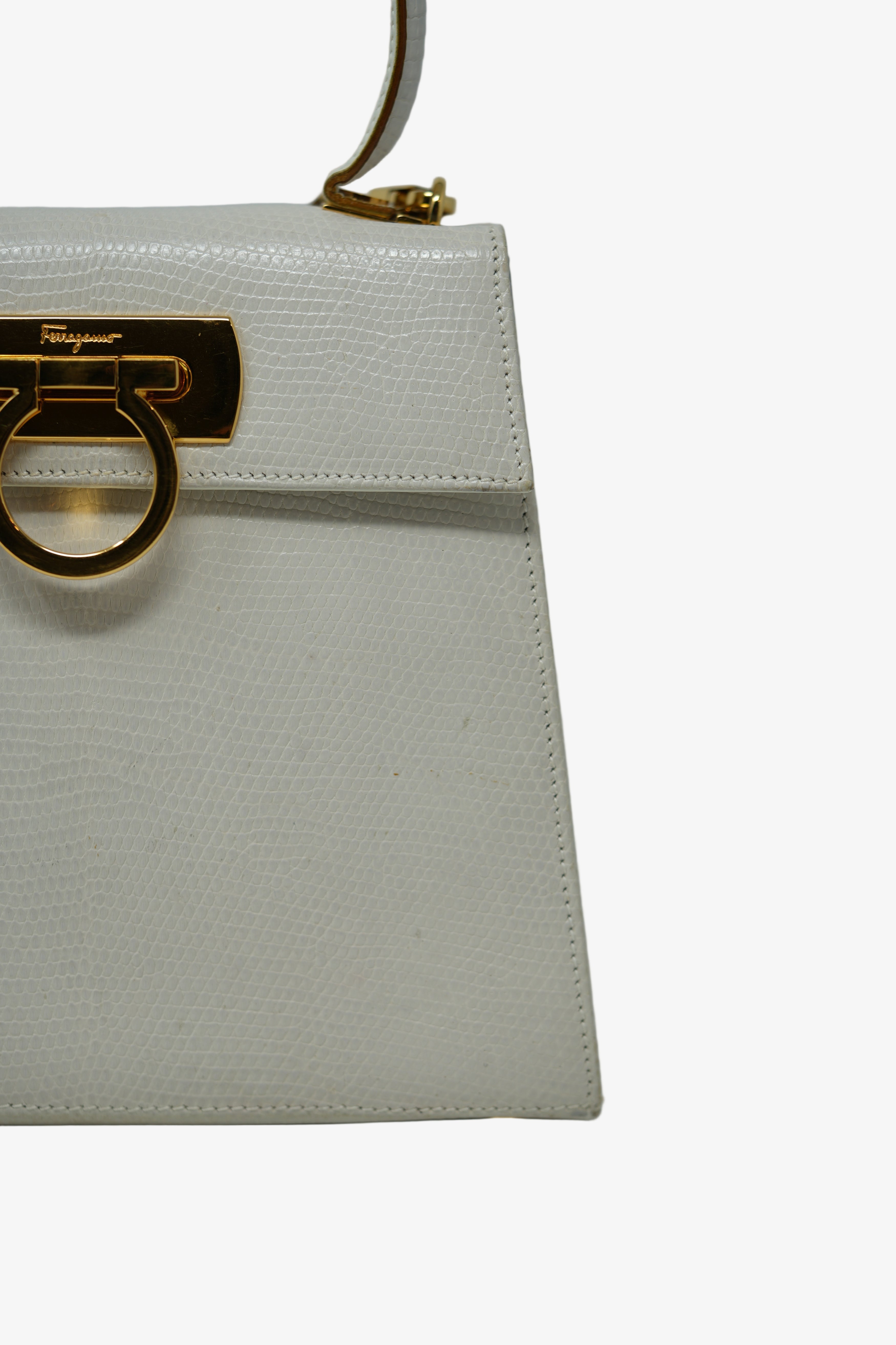 Salvatore Ferragamo White Lizard Top Handle Bag