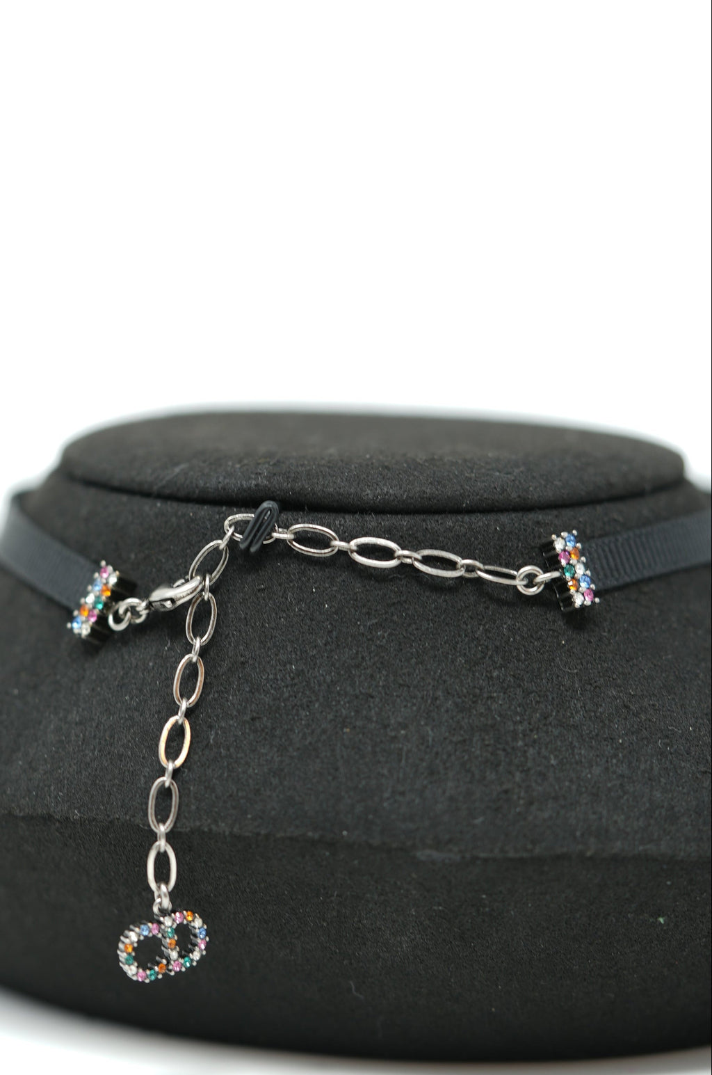 Dior Grosgrain Ribbon Crystal Logo Choker Necklace Multicolor