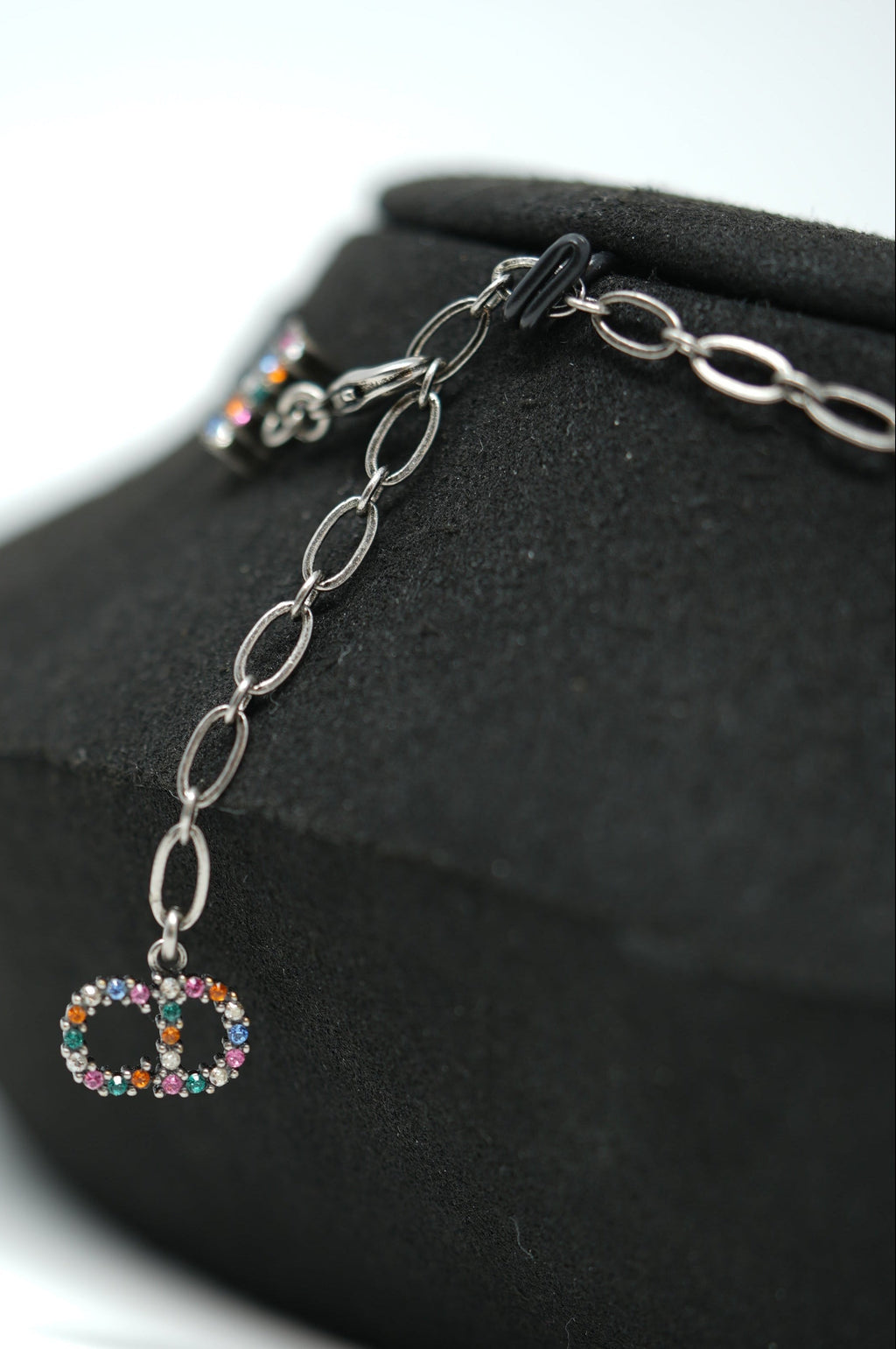 Dior Grosgrain Ribbon Crystal Logo Choker Necklace Multicolor