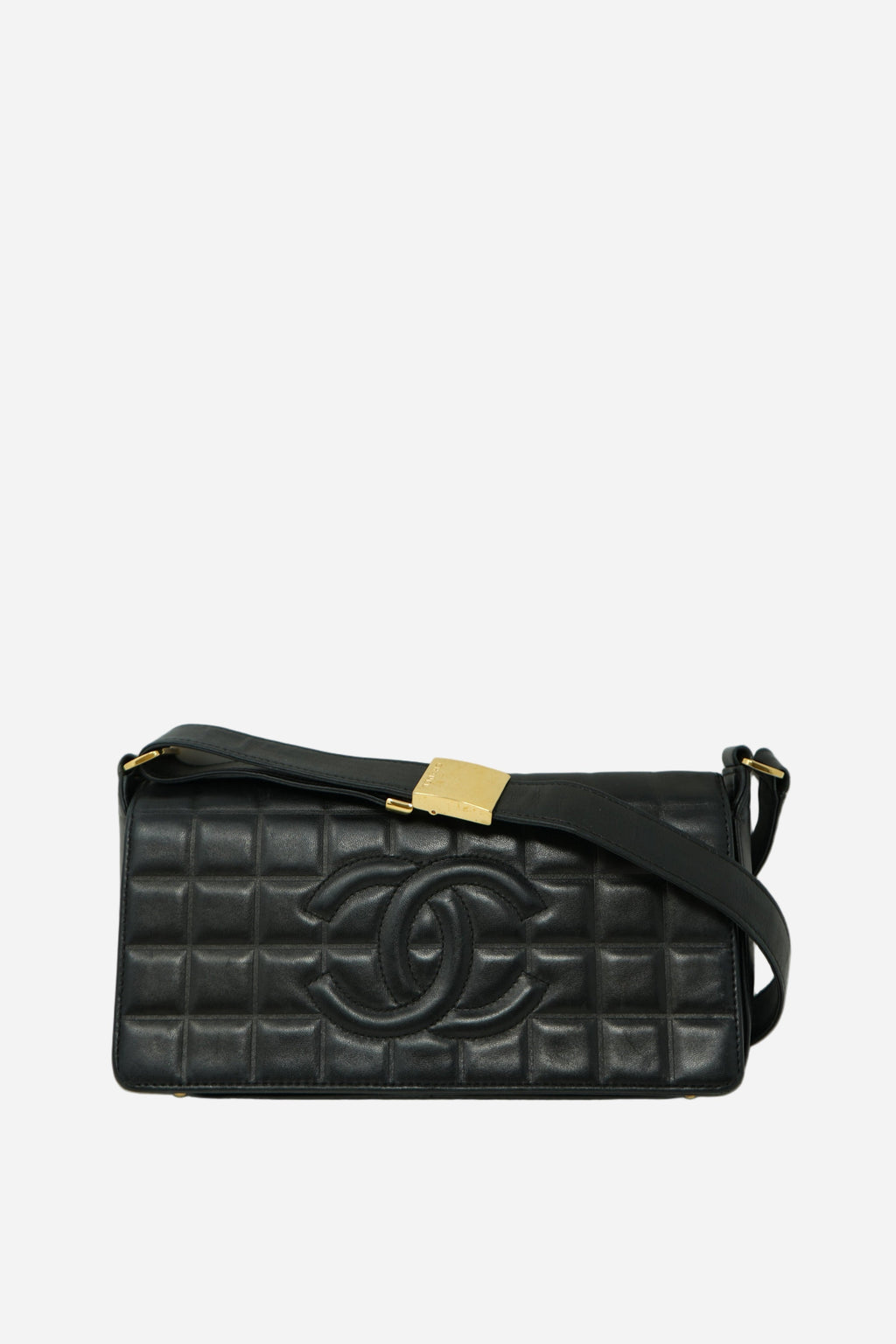 Pre-Owned 2003–2004 Chanel Black Calfskin/Lambskin Chocolate Bar Shoulder Bag
