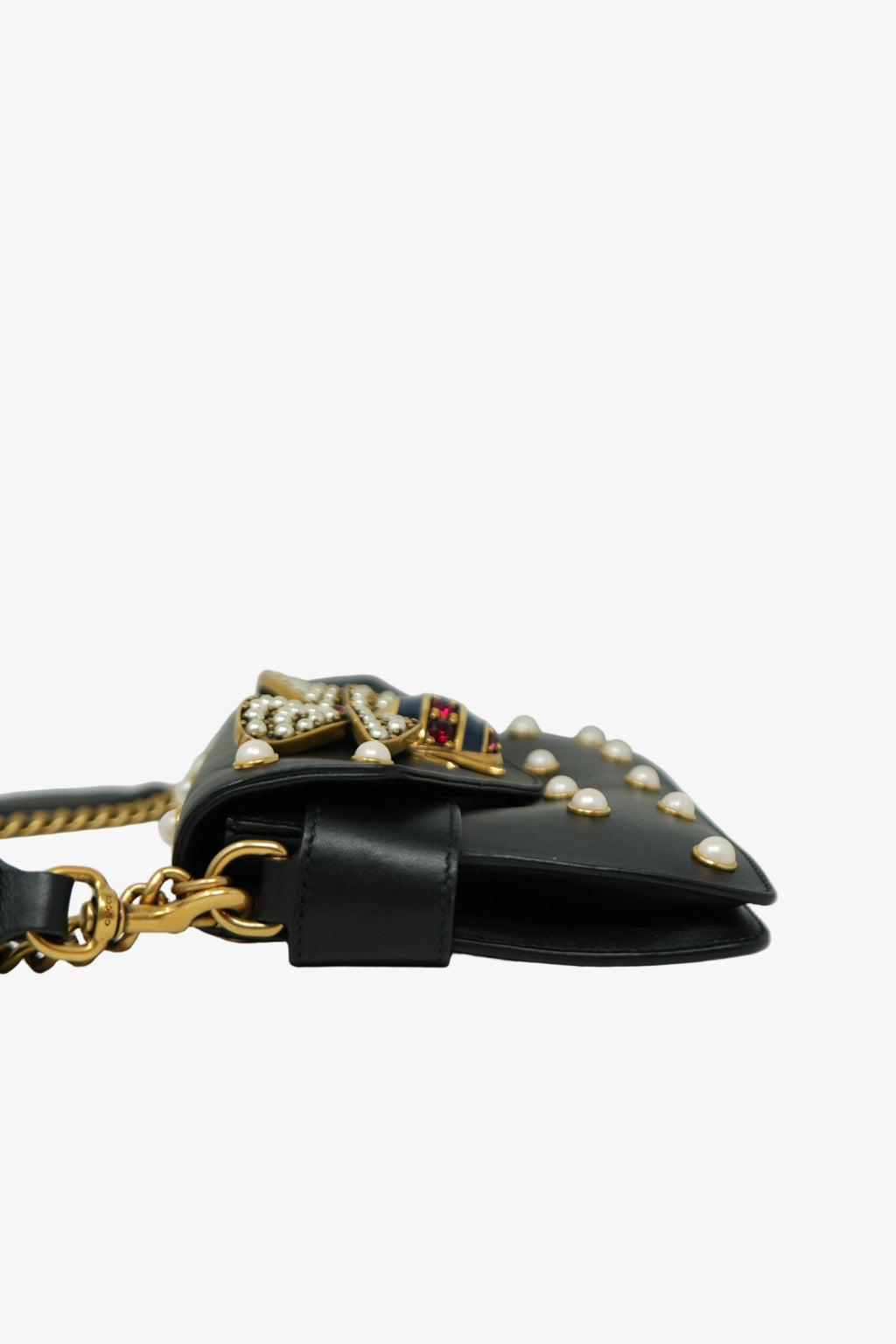 Gucci Black/Gold Nappa Pearl Studded Mini Queen Margaret Broadway Handbag