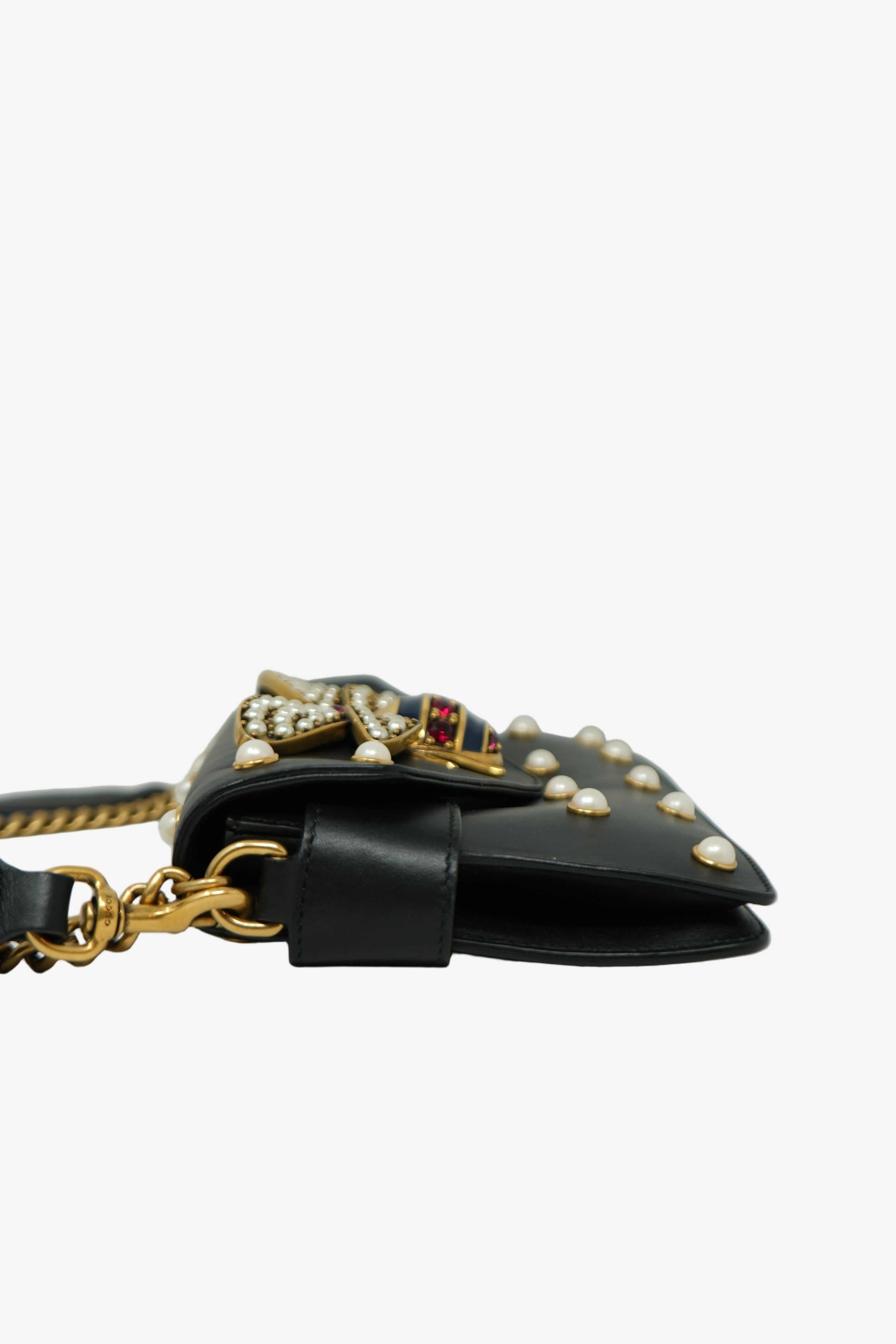 Gucci Black/Gold Nappa Pearl Studded Mini Queen Margaret Broadway Handbag