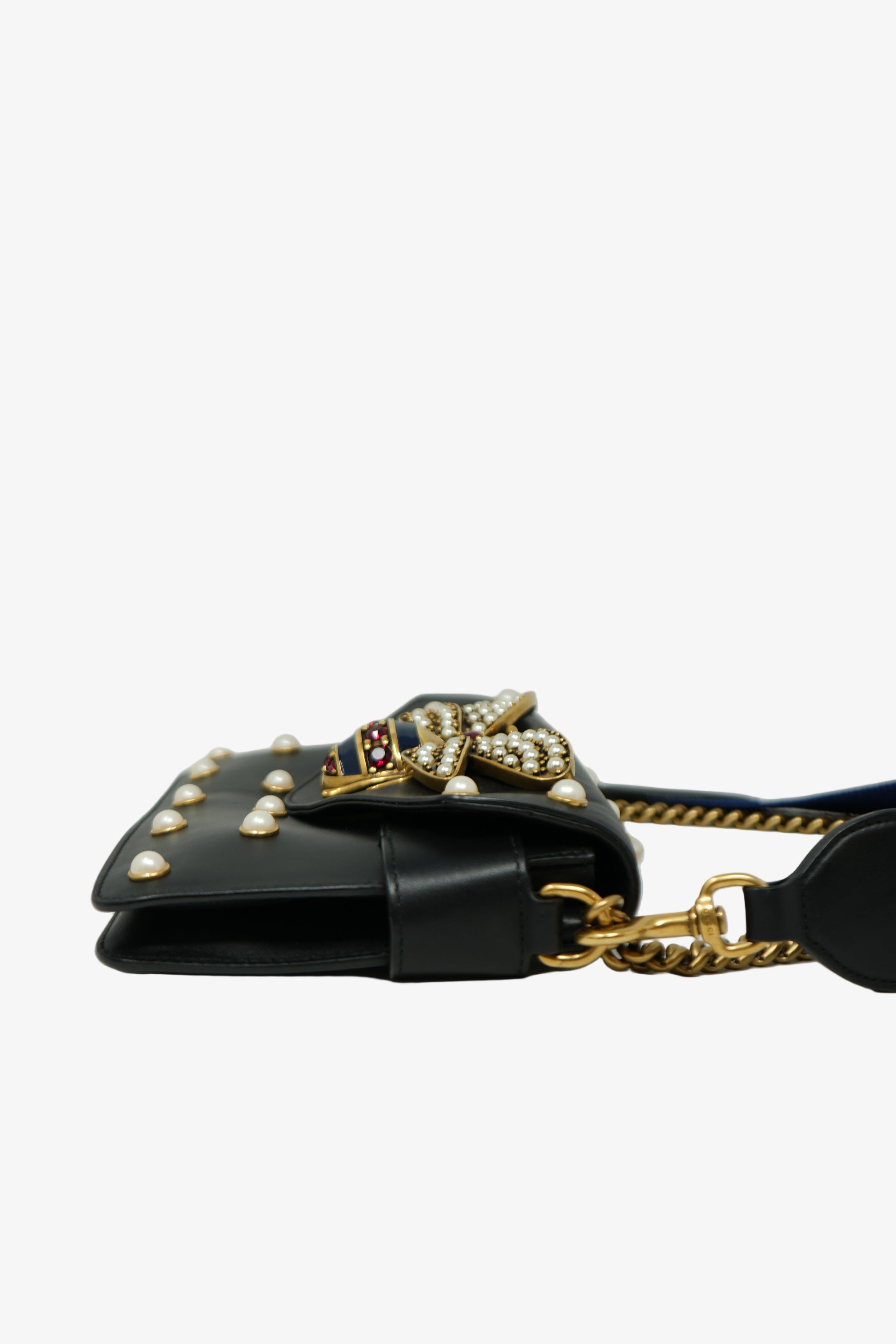 Gucci Black/Gold Nappa Pearl Studded Mini Queen Margaret Broadway Handbag