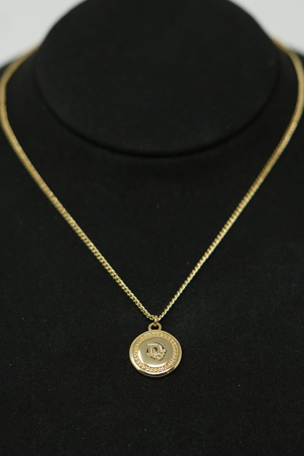 Dior Vintage Gold Tone Round Logo Necklace