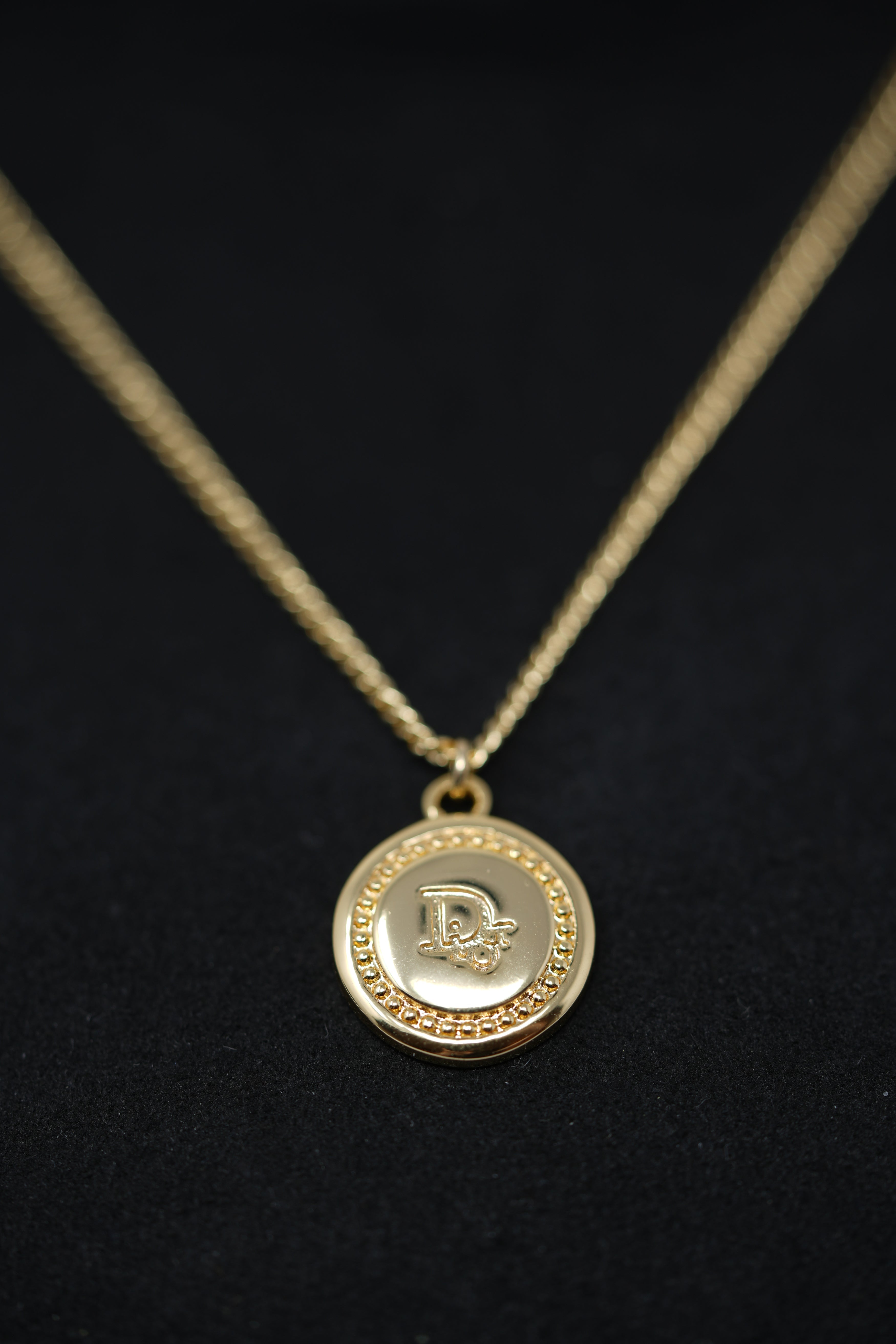 Dior Vintage Gold Tone Round Logo Necklace