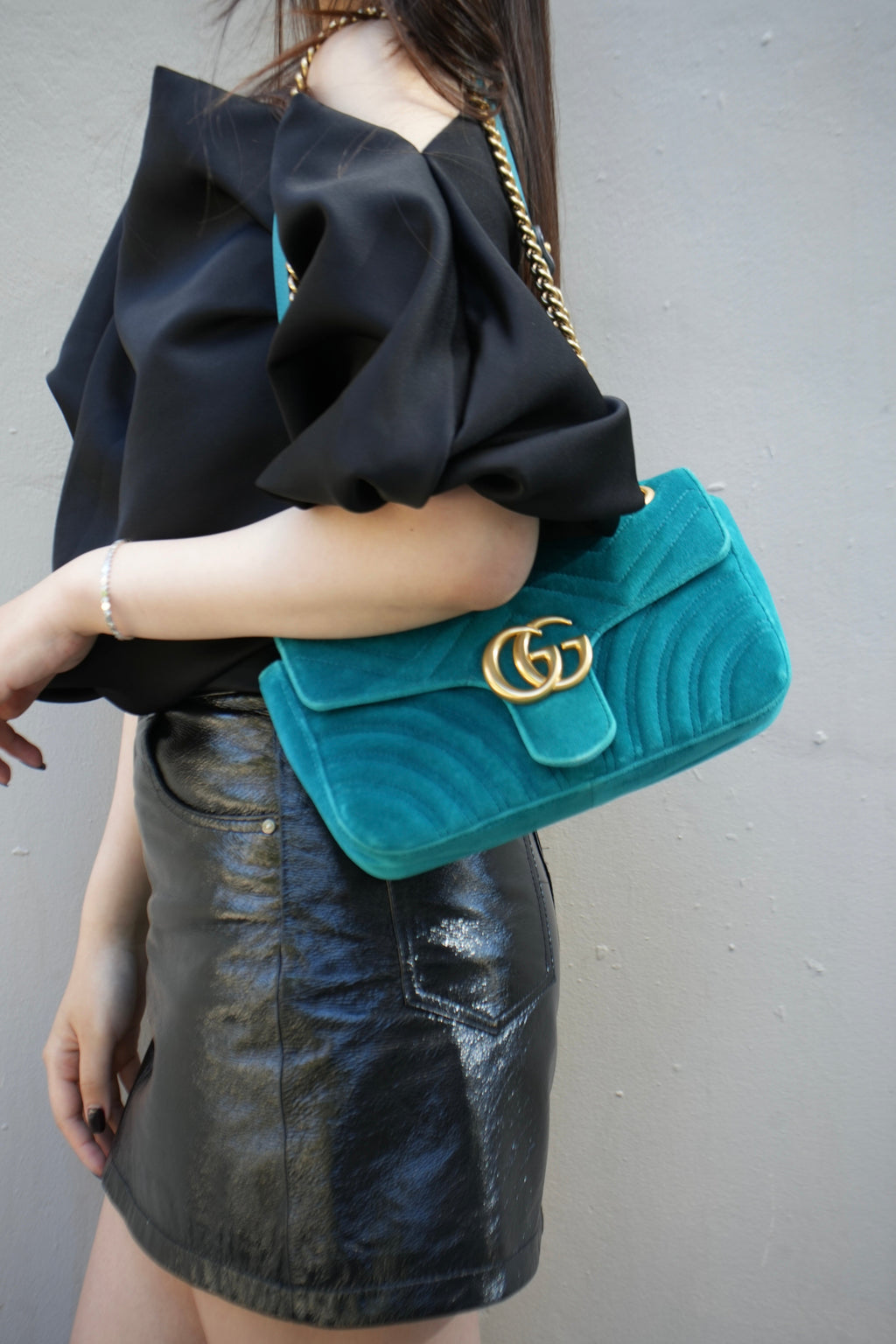 Gucci Blue Velvet Medium GG Marmont Shoulder Bag