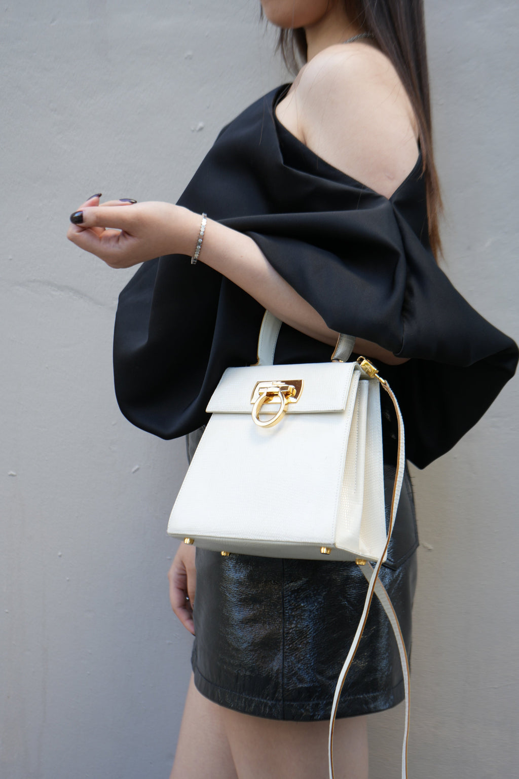 Salvatore Ferragamo White Lizard Top Handle Bag
