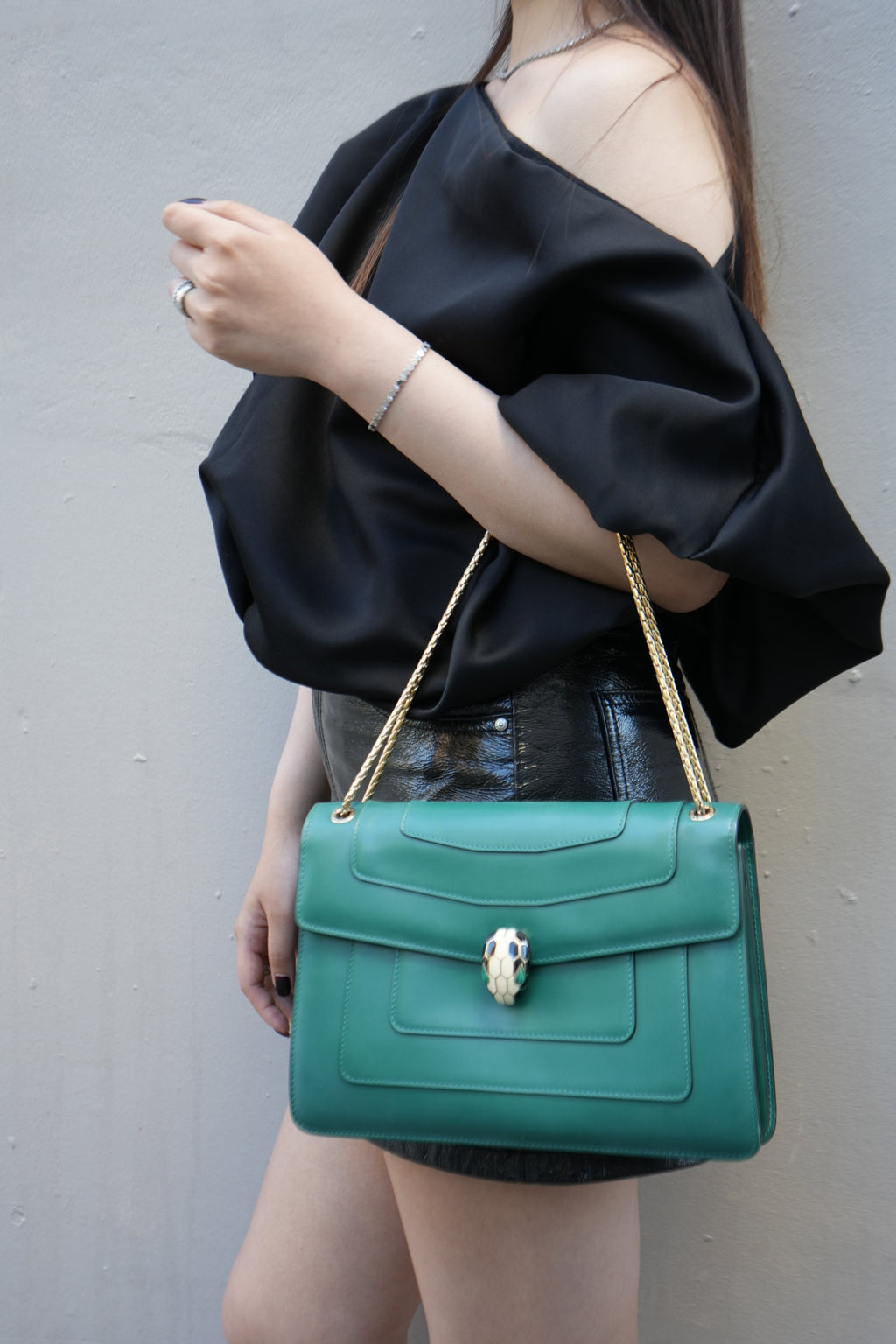 BVLGARI Green Leather Medium Serpenti Forever Shoulder Bag
