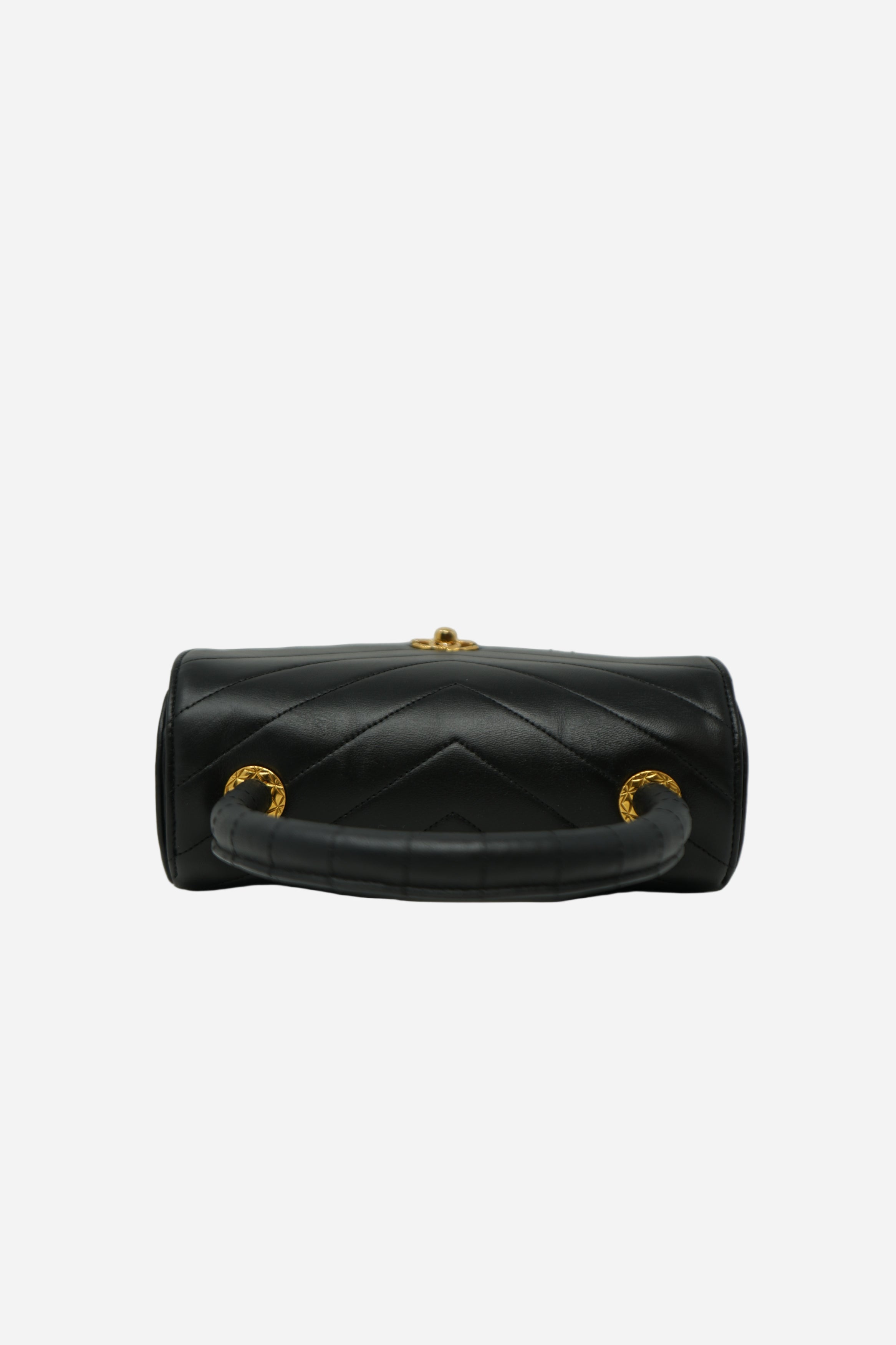 Pre-Owned Chanel 1989–1991 Black Lambskin Chevron Quilted Mini Top Handle Bag