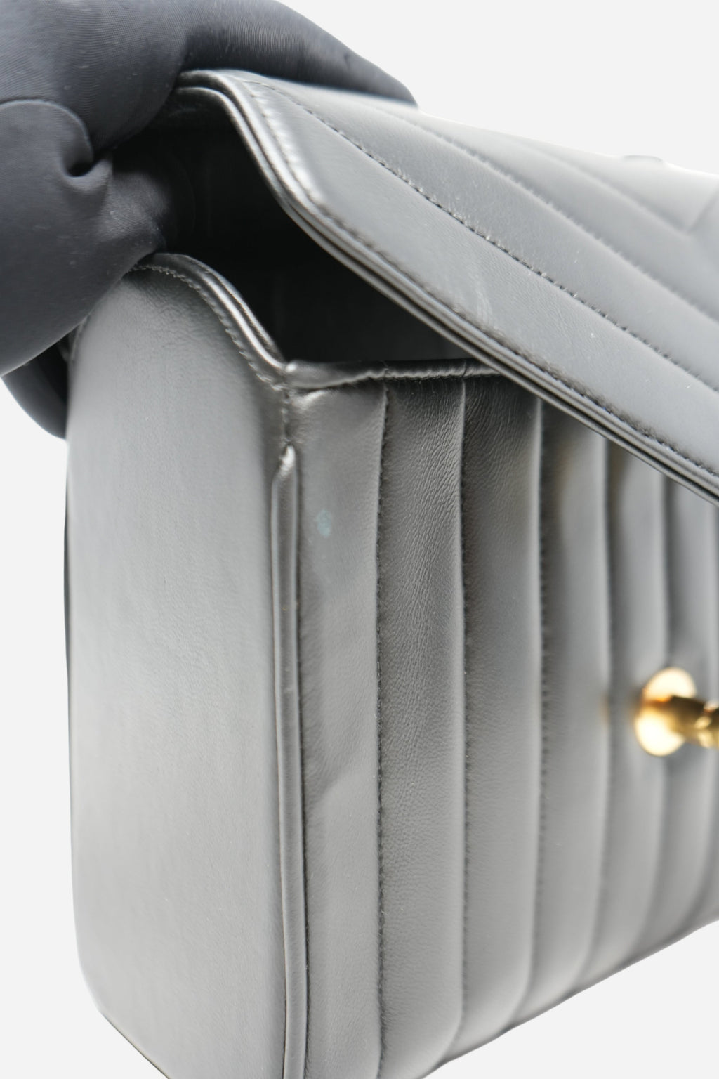 Pre-Owned Chanel 1989–1991 Black Lambskin Chevron Quilted Mini Top Handle Bag