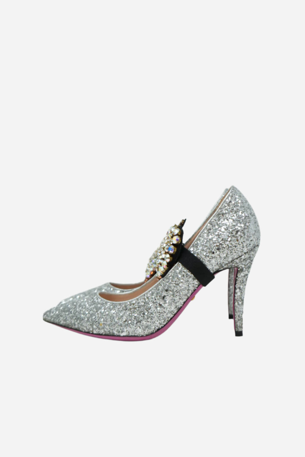 Gucci Glitter Argento Pumps W/removable Heart Crystal Size 36