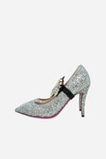 Gucci Glitter Argento Pumps W/removable Heart Crystal Size 36