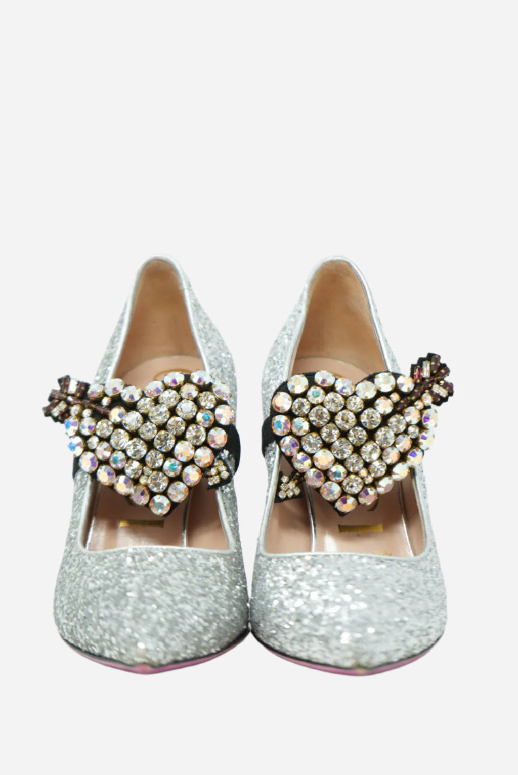 Gucci Glitter Argento Pumps W/removable Heart Crystal Size 36