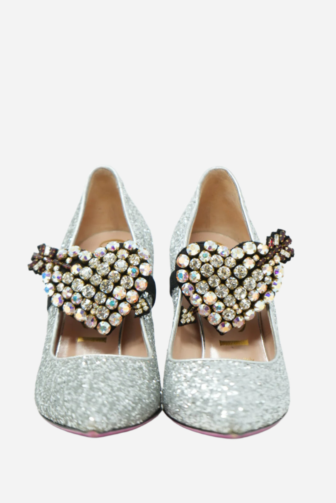 Gucci Glitter Argento Pumps W/removable Heart Crystal Size 36