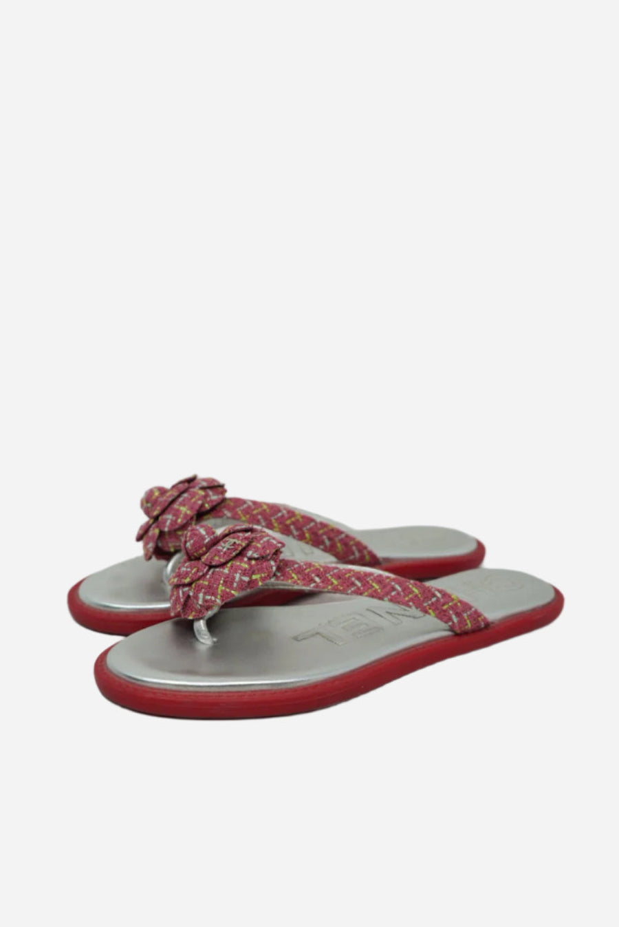 Pre-Owned Chanel Tweed Camellia Flip Sandals Size 37.5