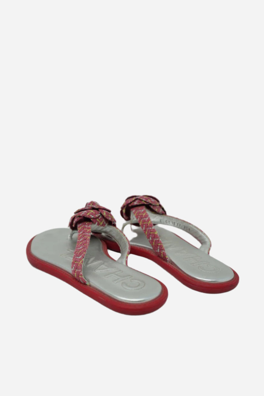 Pre-Owned Chanel Tweed Camellia Flip Sandals Size 37.5